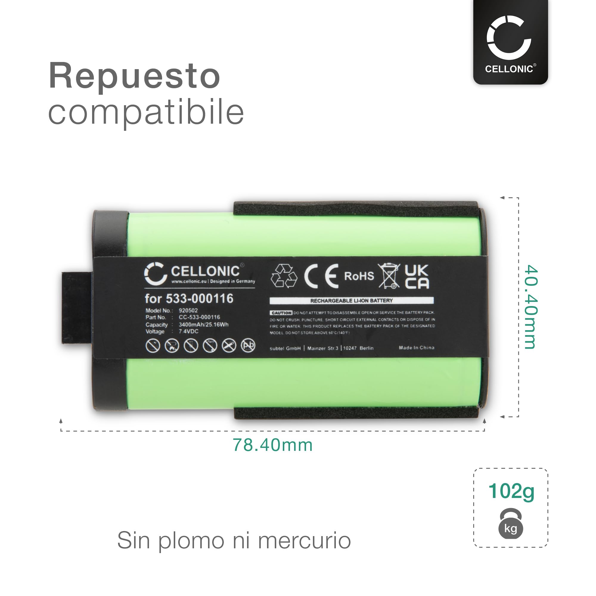 CELLONIC 1x Batería para Altavoz Compatible con Ultimate Ears UE MegaBoom 1, S-00147, Compatible con Logitech 533-000116 - (3400mAh, 7.4V)