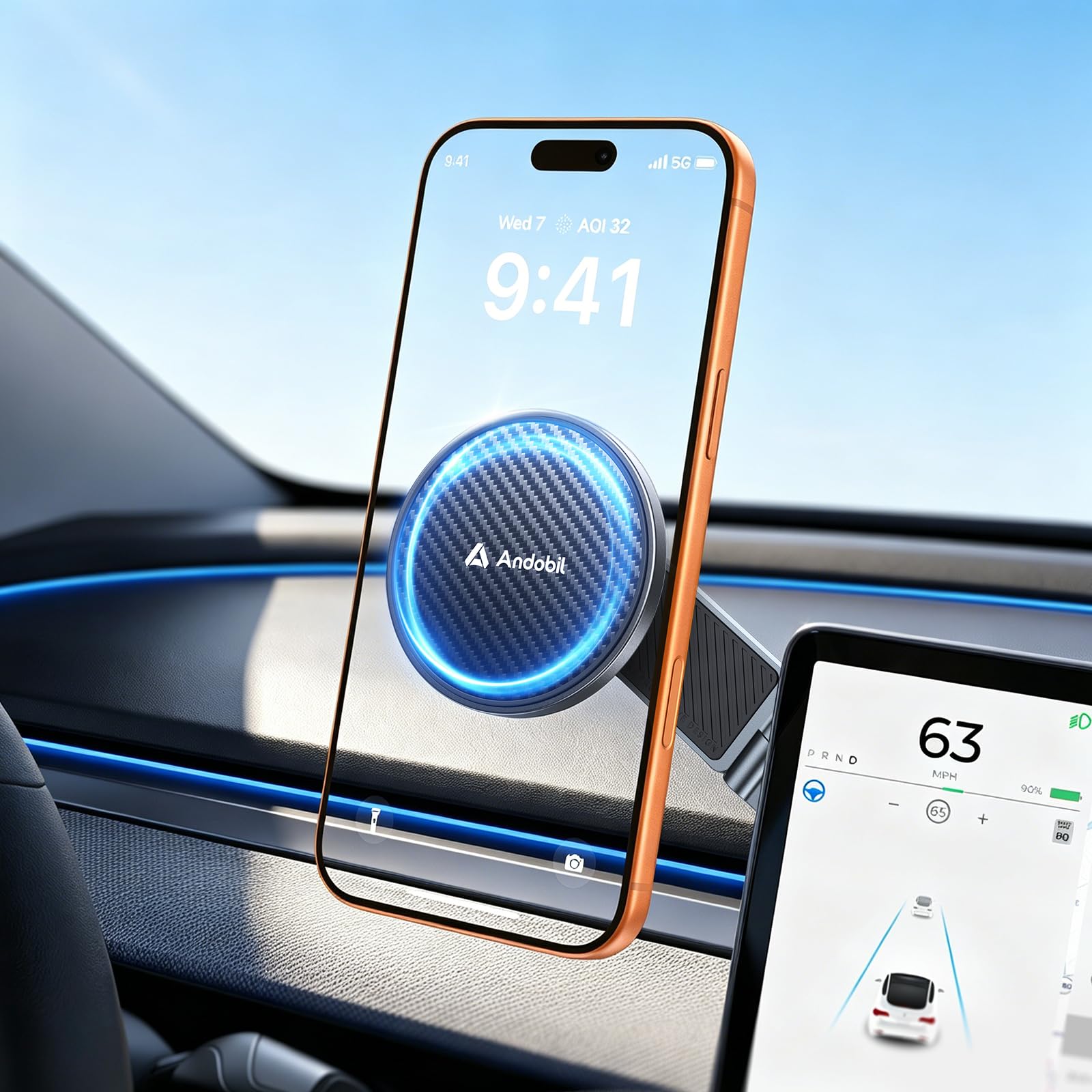 andobil 3rd Gen Tesla Phone Mount 【Upgrade Adhesive &amp; Upgrade Stongest Magnet】 Phone Holder for Tesla New Model Y Juniper Model 3, 360° Adjustable Tesla Phone Holder fits iPhone 17 16 15 14 Pro Max
