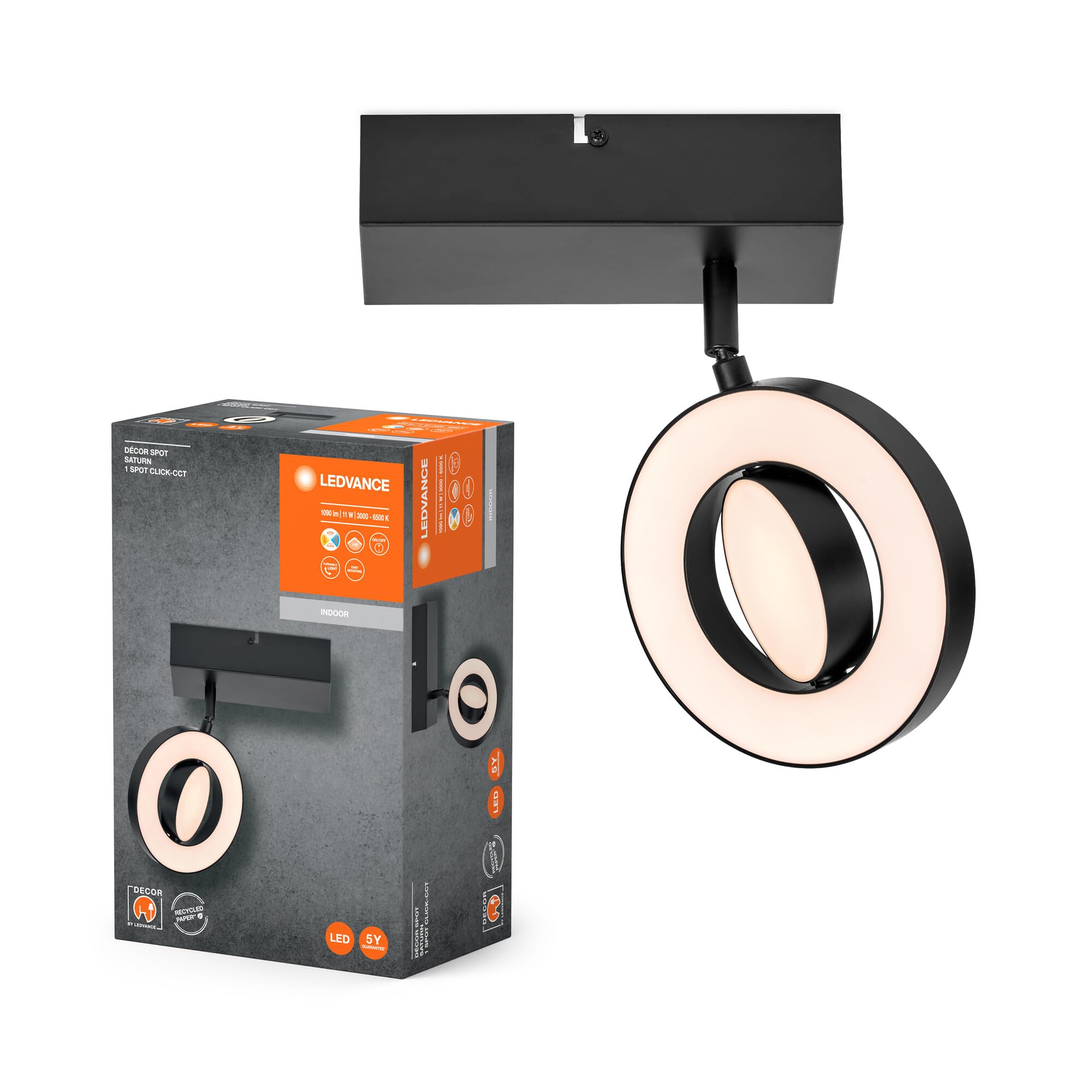 Ledvance Led Wall Spotlight Saturn Cct, Switch, Black