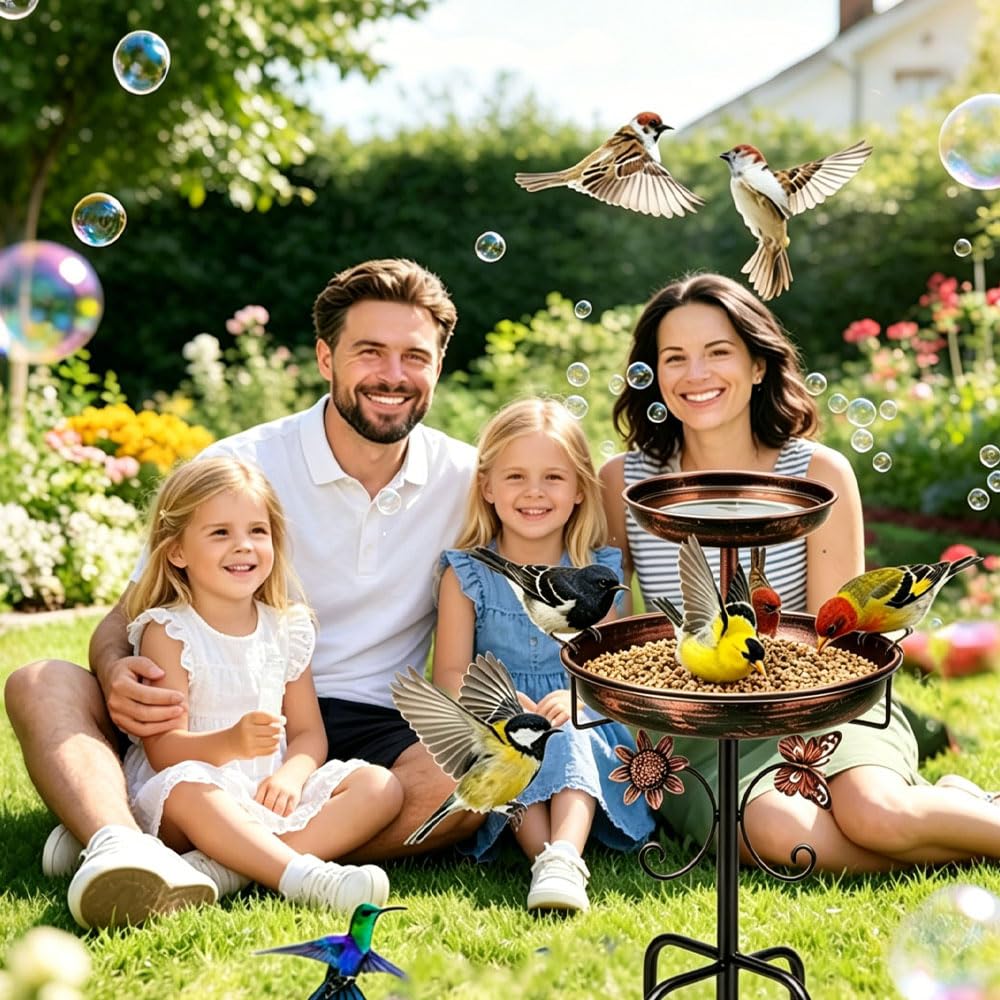 115cm Vogeltränke Stehend, Vogelbad für Draußen Garten, 2 In 1 Wassertränke für Vögel, Vogelbad Garten Stehend mit Stabiler 5-Zinken-Basis für Garten und Rasen, Winterfest Futter Wasserschale