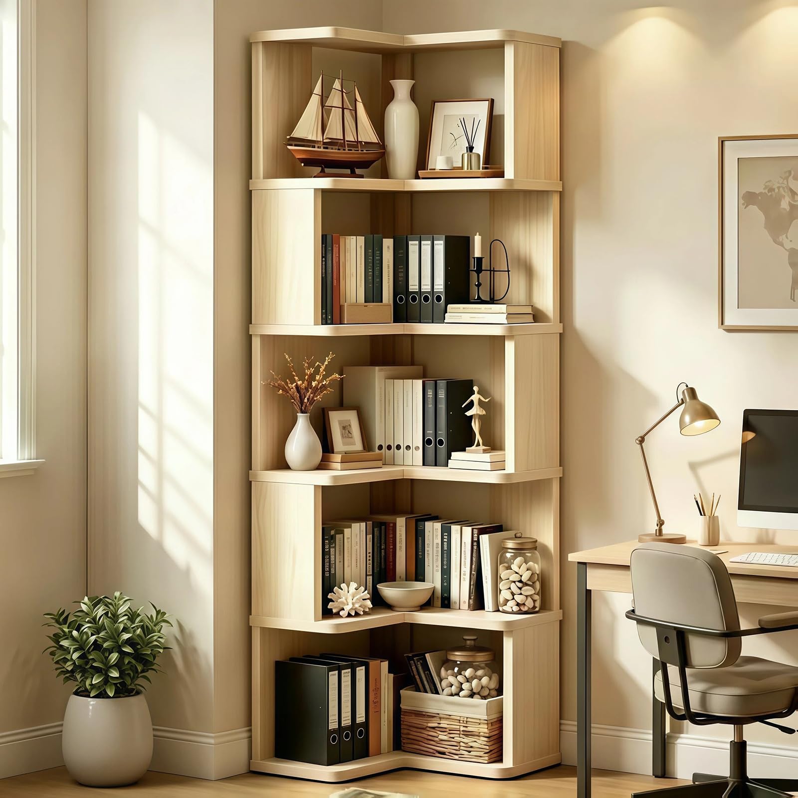 Librería, Estantería de 6 Niveles, Estante en Forma de L Mueble Almacenaje, Libreria Estanteria para Salón Oficina Estudio