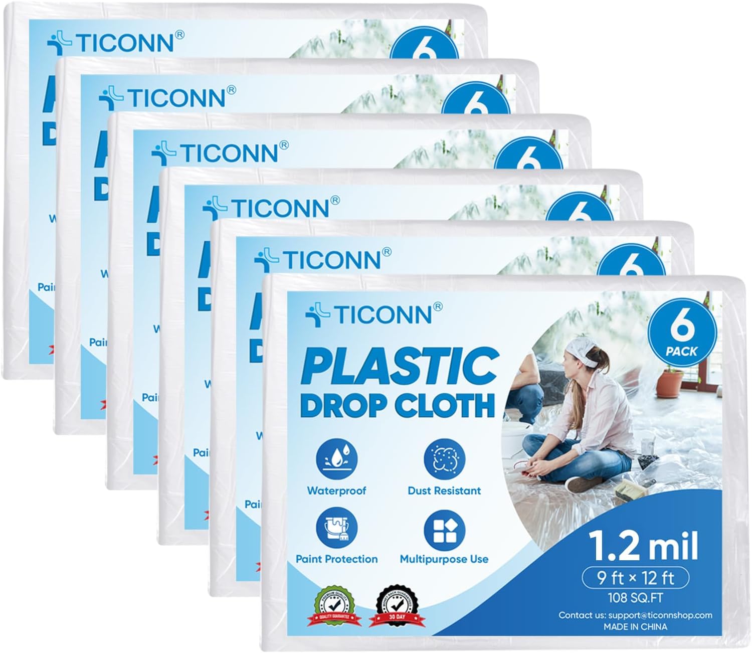 TICONN 12 Clear Safety Glasses for Men + 12 × 9 Ft Plastic Drop Cloth (6PK, 1.2Mil)