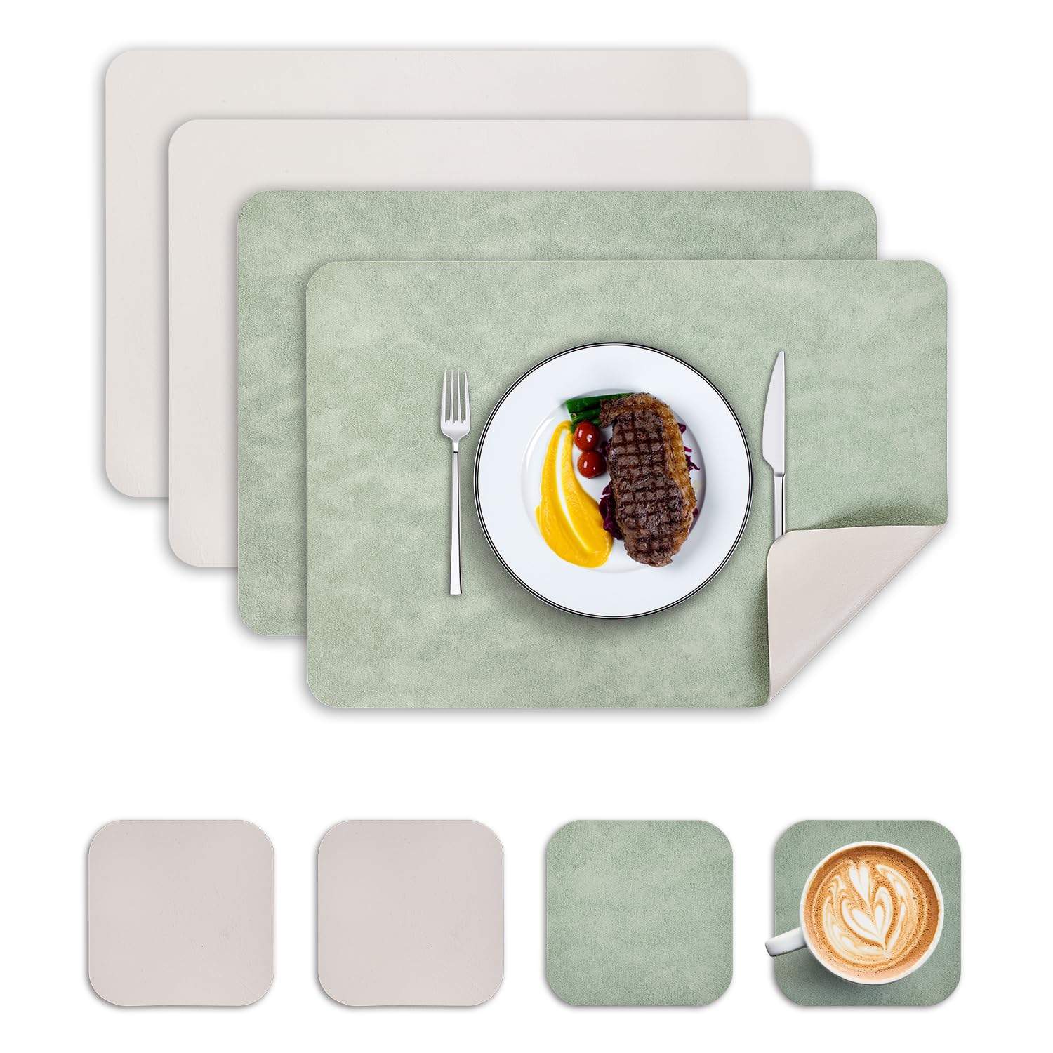 Wanfolle Tischsets Abwaschbar und Untersetzer 4er Set, Tischsets Leder Platzset Abwischbar Doppelseitigen Hitzebeständig Wasserdicht rutschfest Platzdeckchen Lederoptik (Grün Elfenbeinweiß)