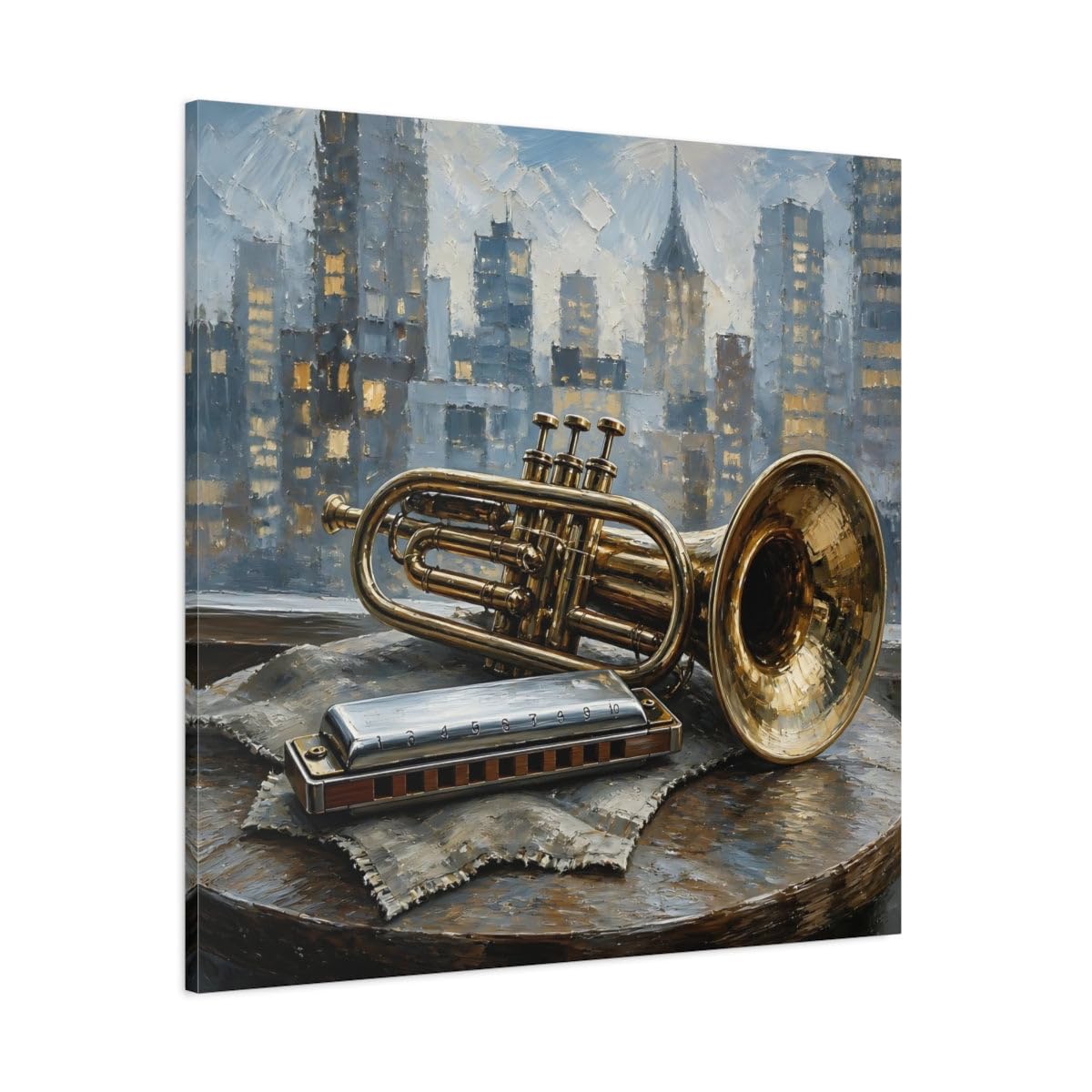 Vintage Trumpet Harmonica Gold And Blue Canvas Print – Living Room, Above Console Table 16×16 inch (40×40 cm) - Square / 1.25 inch (3 cm)