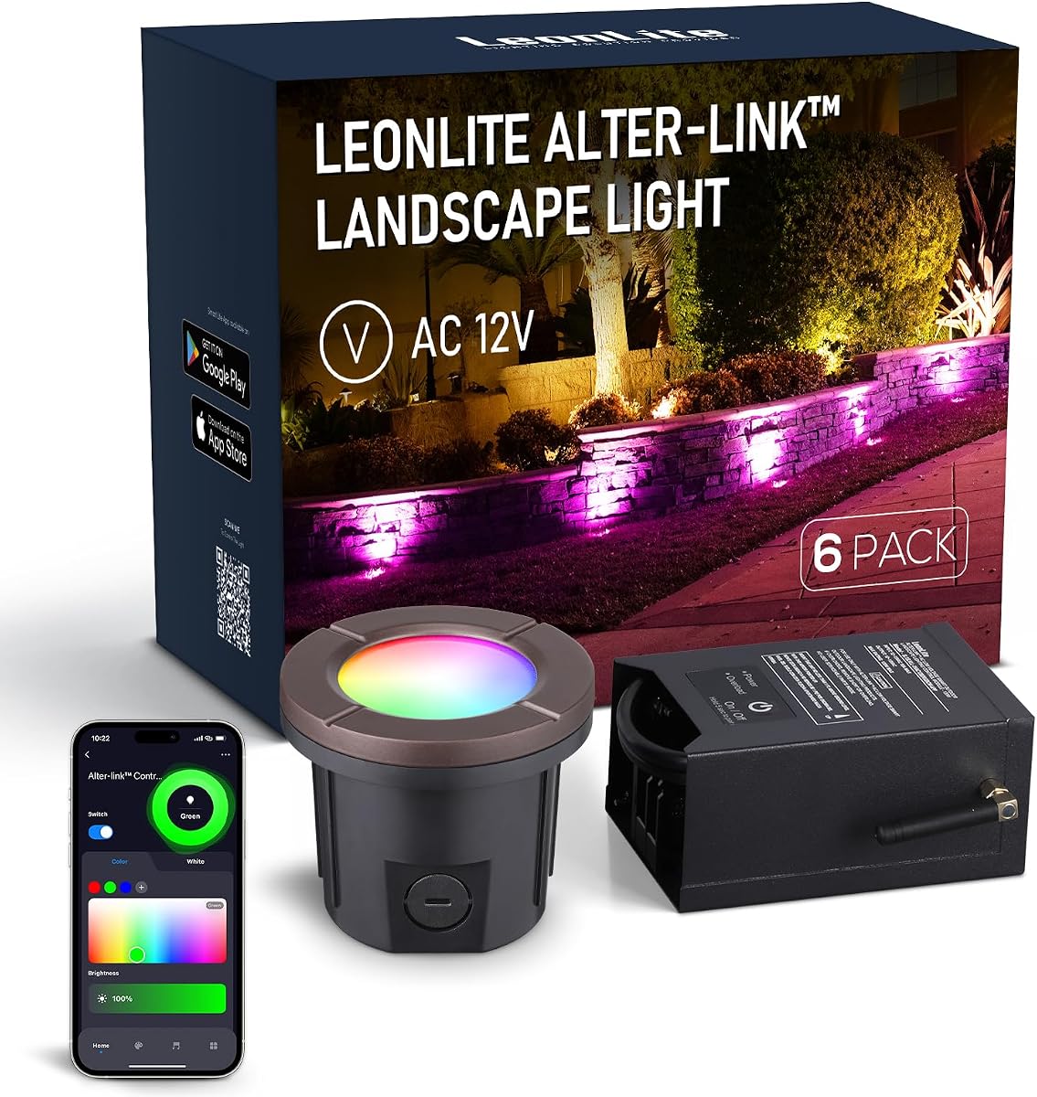 LEONLITE Paquete de 6 luces de pozo RGBCW serie Alter-Link LED de paisaje en el suelo | Controlador Bi-Flow incluido, luces de pozo de bajo voltaje para exteriores con cambio de color inteligente de 12V-15V CA, 1800K-5000K