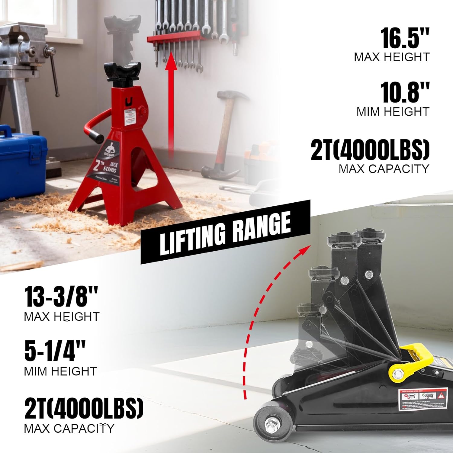 2T Hydraulic Floor Jack Combo with Two Jack Stands, 4000 lbs Capacity Trolley Service Jack Combo Red and Black