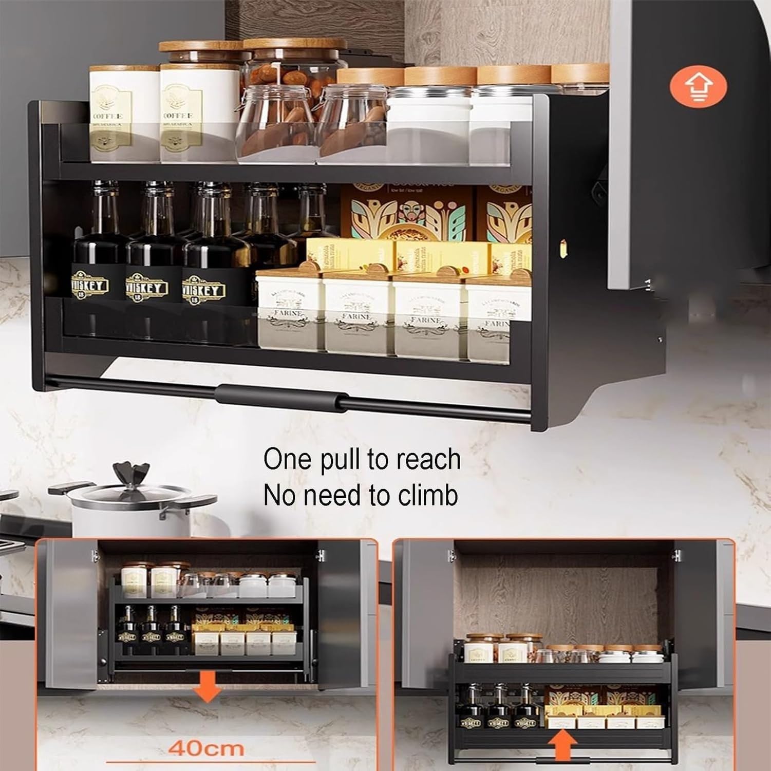 Estraibile per Armadietto 2 Ripiani Salviaspazio Cucina Scaffale Discesa per Credenza Alta, Colore: Nero, Dimensioni: 71x54x28cm, Noir, 86x54x28cm