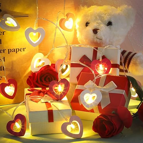Miniatura 2 de Mudder Guirnalda de luces de hadas para el día de San Valentín, 10 pies, 20 luces LED de madera con forma de corazón rojo y rosa para San Valentín,