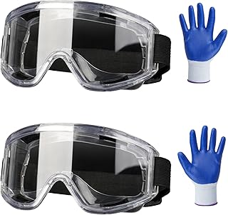 CLKE 2 Stück transparente Schutzbrillen, mit einem Stück Handschuhe, Schutzbrille, Augenschutzbrille, Anti-Beschlag- und Anti-Kratz-Linse, Schlagfestigkeit, Brille für Heimwerker, Chemie, Labor