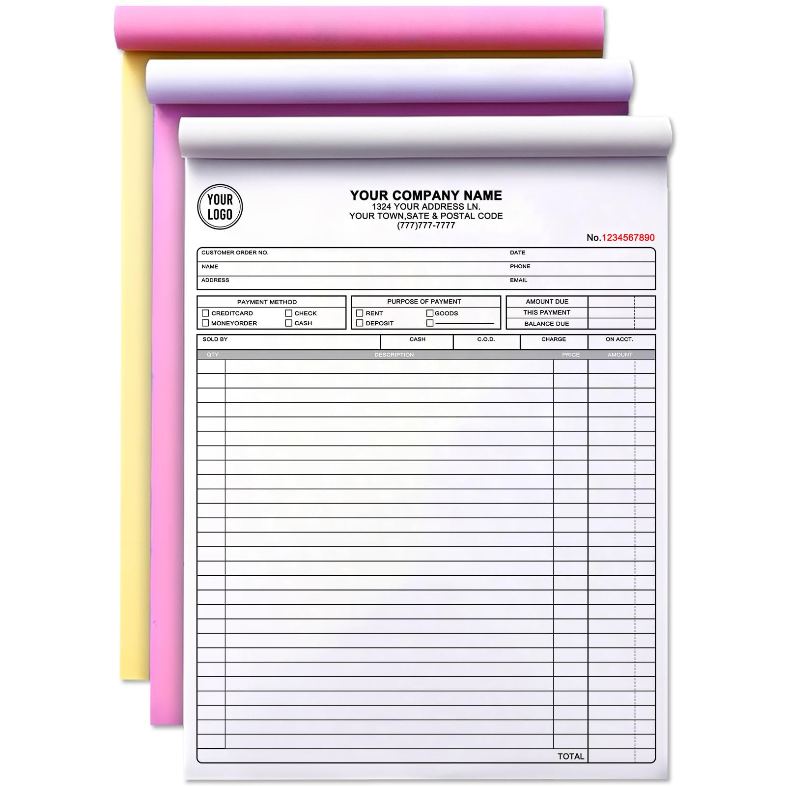 Custom Invoice Book with Logo 100 Set Personalized Receipt Books Customized Invoices for Small Business 3 - Parts Carbonless Duplicate Invoice Forms NCR Books