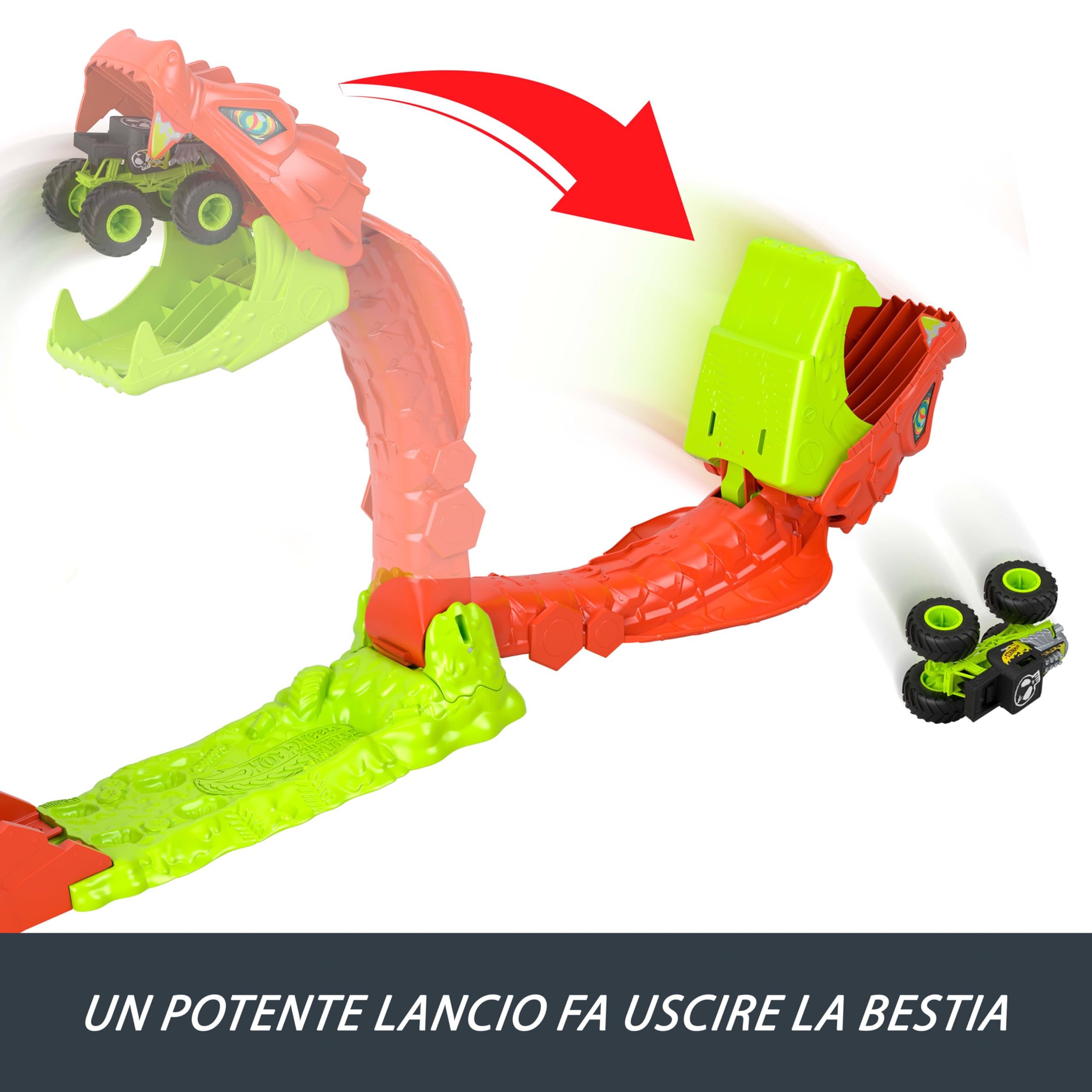 Hot Wheels Monster Trucks - Attacco del Serpente, set pista con lanciatore e veicolo Bone Shaker in scala 1:64 incluso, sconfiggi il gigantesco seprente nemico, 4+ anni, JJN44