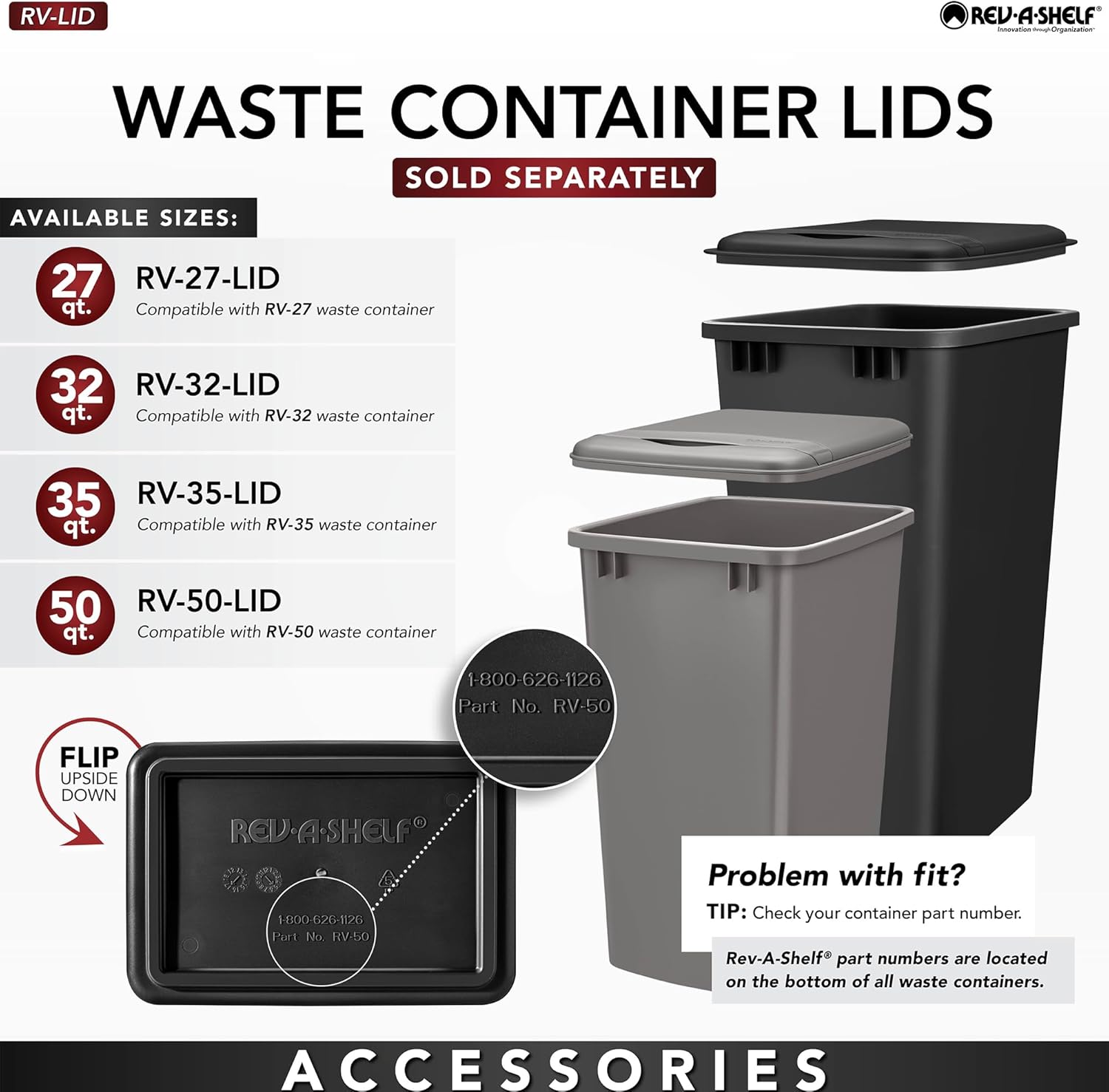 Rev-A-Shelf Aluminum Single Pullout Waste Container for Reduced Depth Base Cabinets, 35 Qt Trash Can with Soft-Close Slides, Black, 5349-15DM18-118