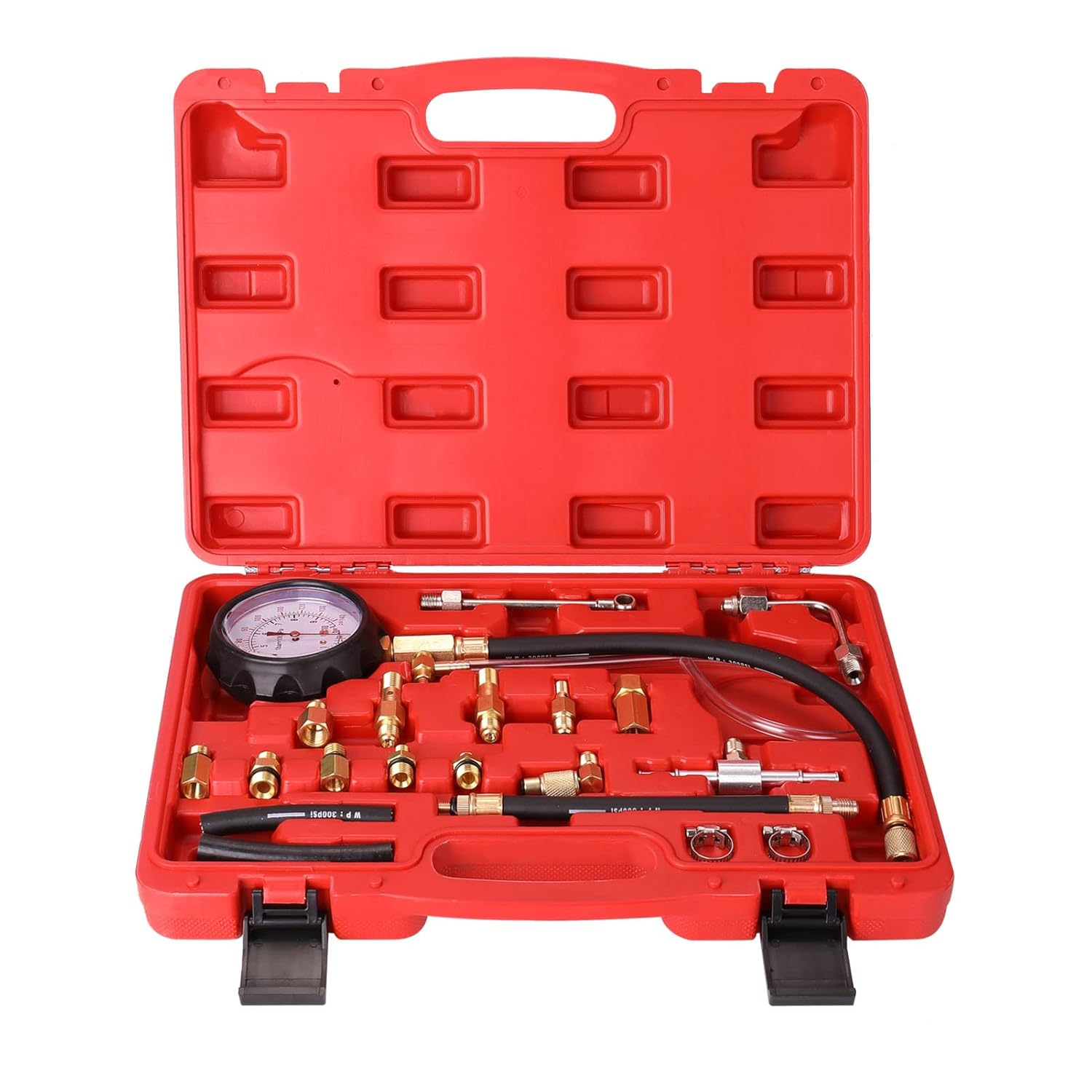 TU-114 Fuel Injection Pressure Meter Pump Tester Compression Gauge 0-140 PSI 0-10 Bar with Copper Adapters Durable Hose for Gasoline Systems