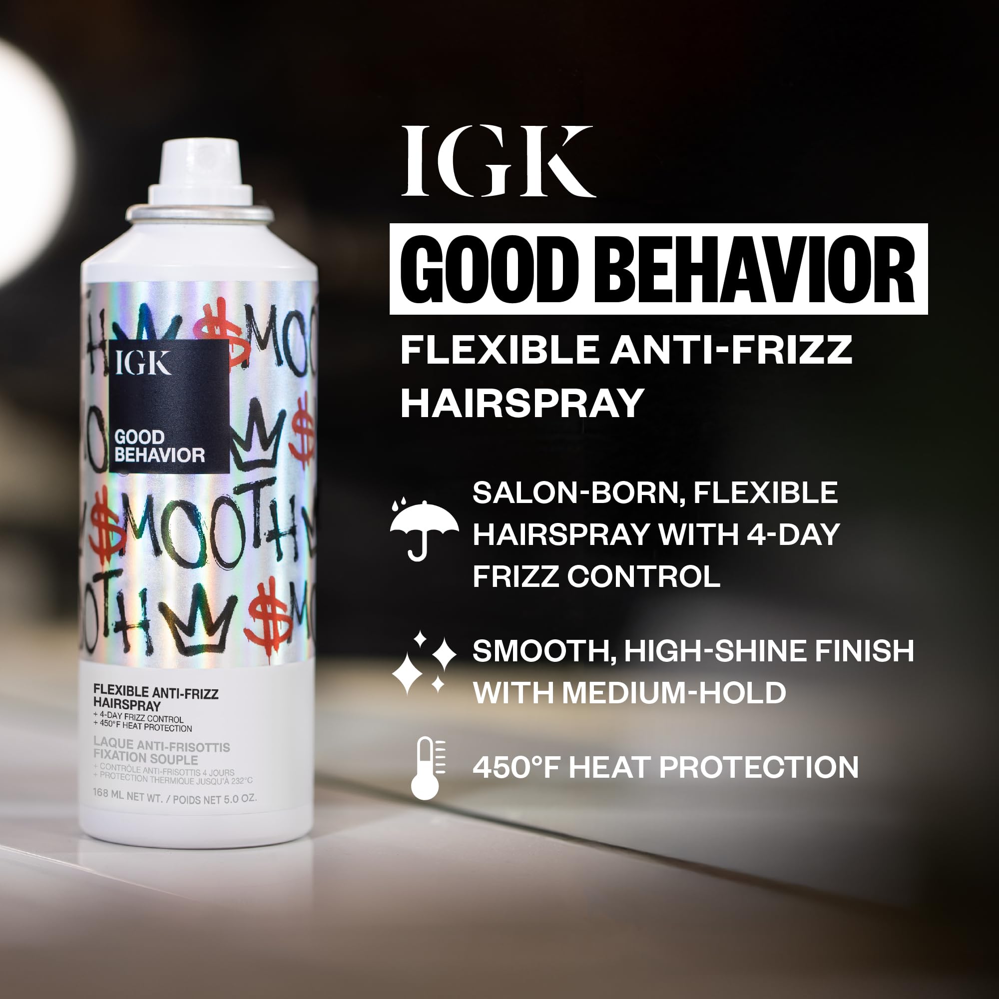 IGK GOOD BEHAVIOR Holiday 2025 Gift Set – Flexible Hairspray 5 oz, Smoothing Spray 5.6 oz, 4-in-1 Prep Spray 7 oz – Anti-Frizz, Heat Protection, Shine & Smooth Finish for All Hair Types