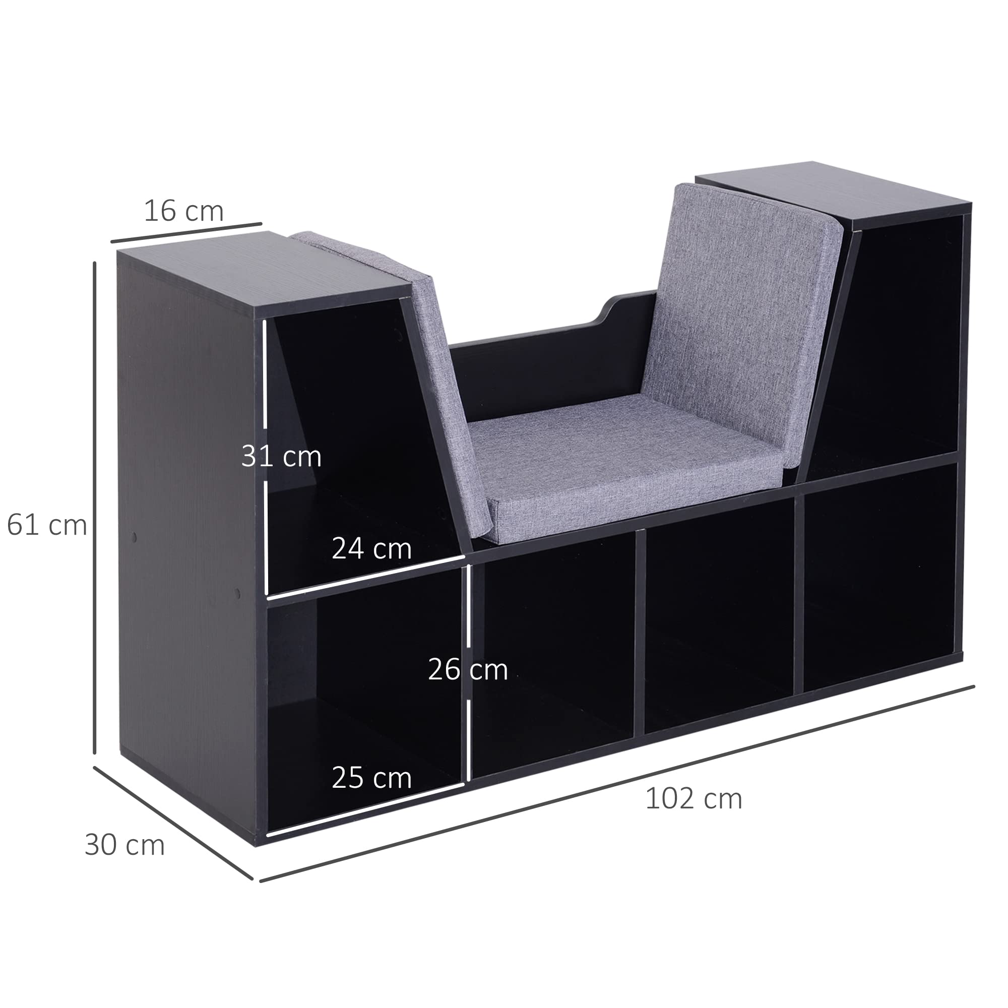 HOMCOM Biblioteca Panca 2 in 1 con cuscini per sedile, mensola a cubo 6 scomparti aperti e 2 livelli, mobile portaoggetti per soggiorno, camera da letto, ufficio, 102 x 30 x 61 cm, nero