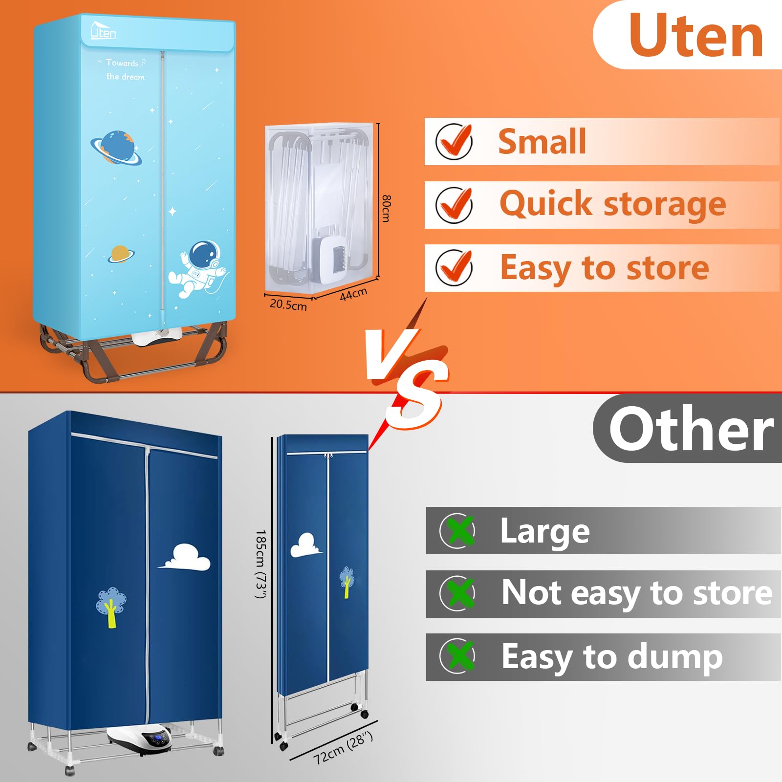 Uten Clothes Dryer Electric Indoor, 2-Tier Heated Clothes Airer, Foldable Dryer Wardrobe Drying Rack with storage Bag, 1500w Quick Dry for All Fabrics, Suitable for Home - 2