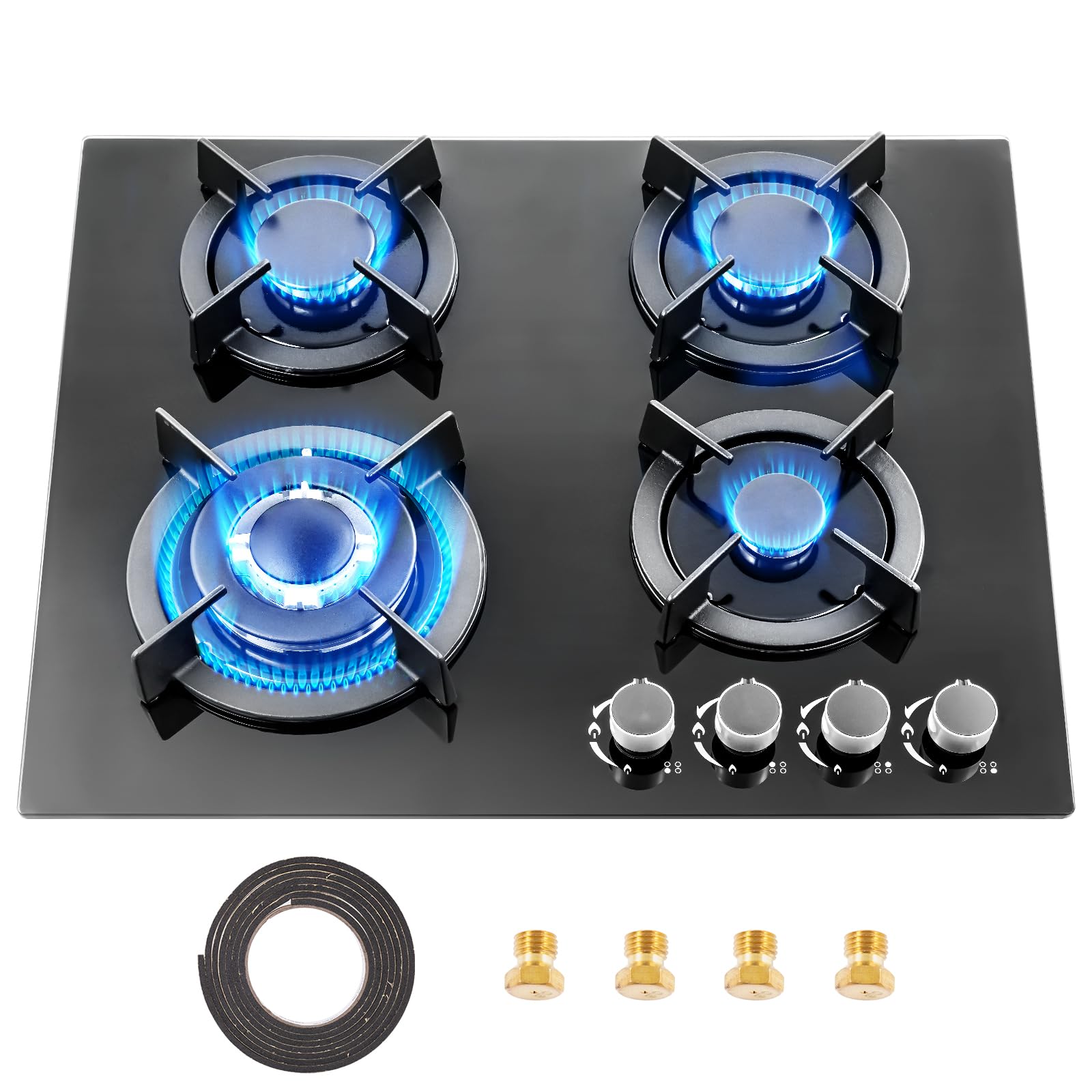 Victoam 7400W Gas Hobs 4 Burners, NG/LPG Convertible Induction Hob, 60cm Built-in Tempered Glass Panel, Electronic Lgnition + Flame Failure Protection (Black) - 2