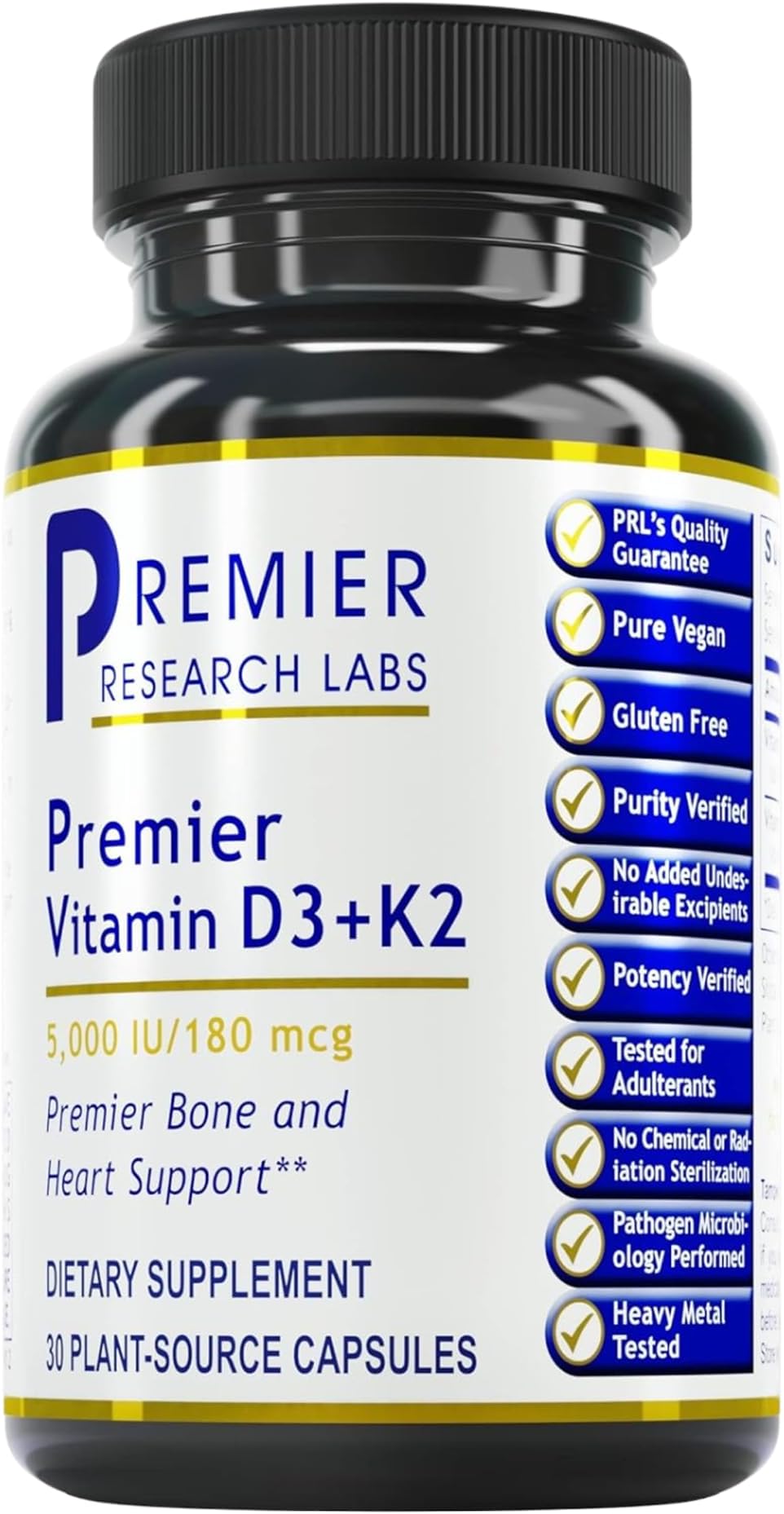 Premier Research LabsVitamin D3 + K2 Supplements | for Bone Support and Promotes Heart Health, Gluten-Free - 5000 IU Vegan Supplements - Tested Quality | 30 Plant-Source Based Capsules