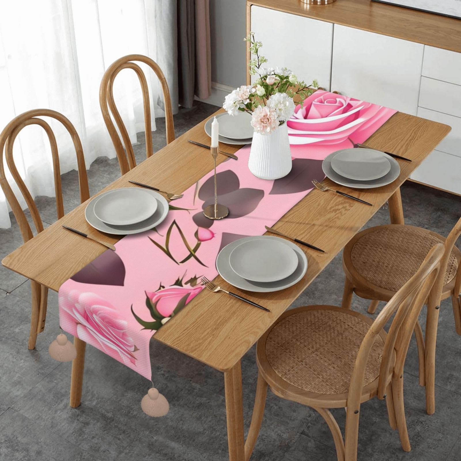 Chemin de table en lin tissé de qualité supérieure aux motifs de roses 35x152cm