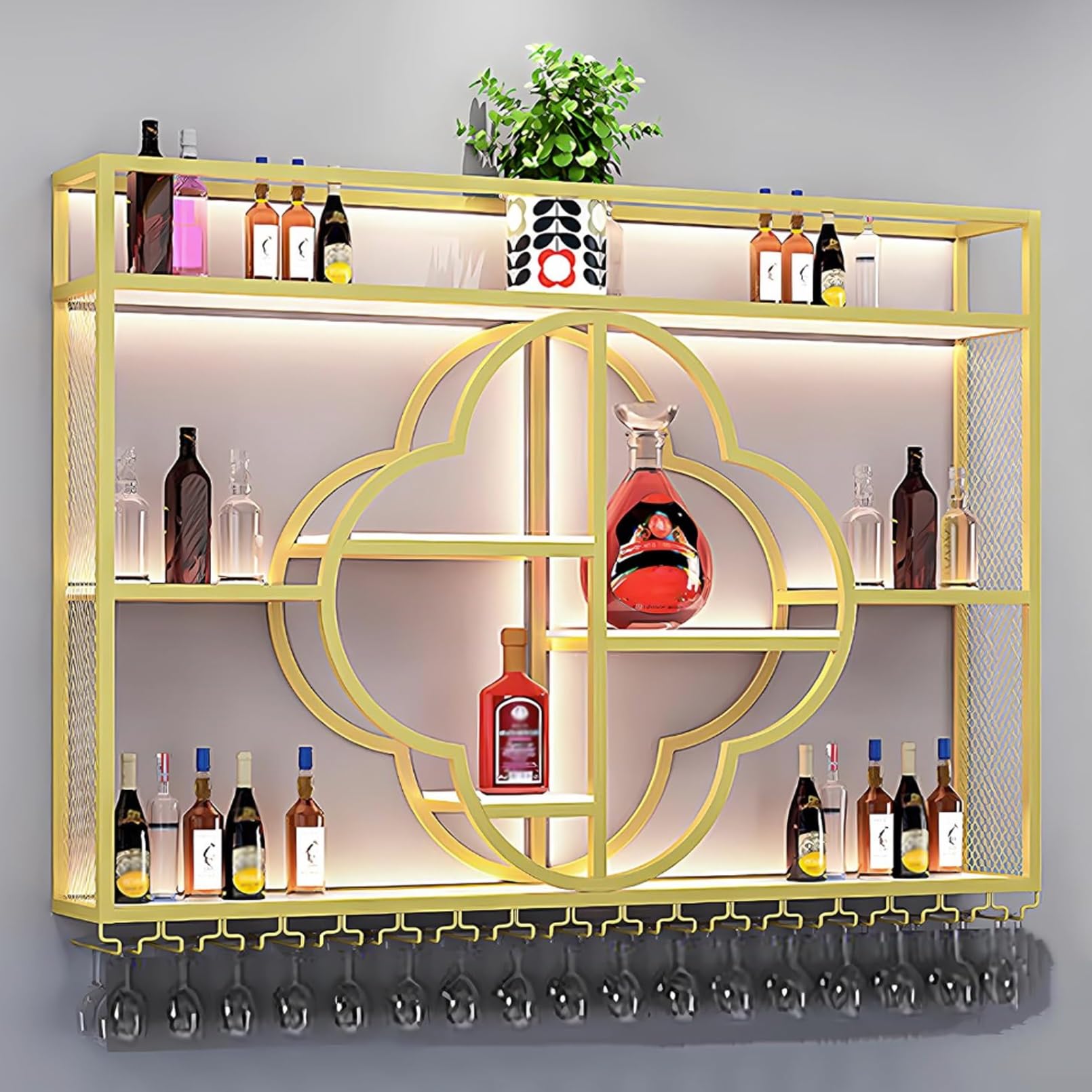 Étagère à vin murale avec LED support bouteilles alcool et verres à vin suspendus