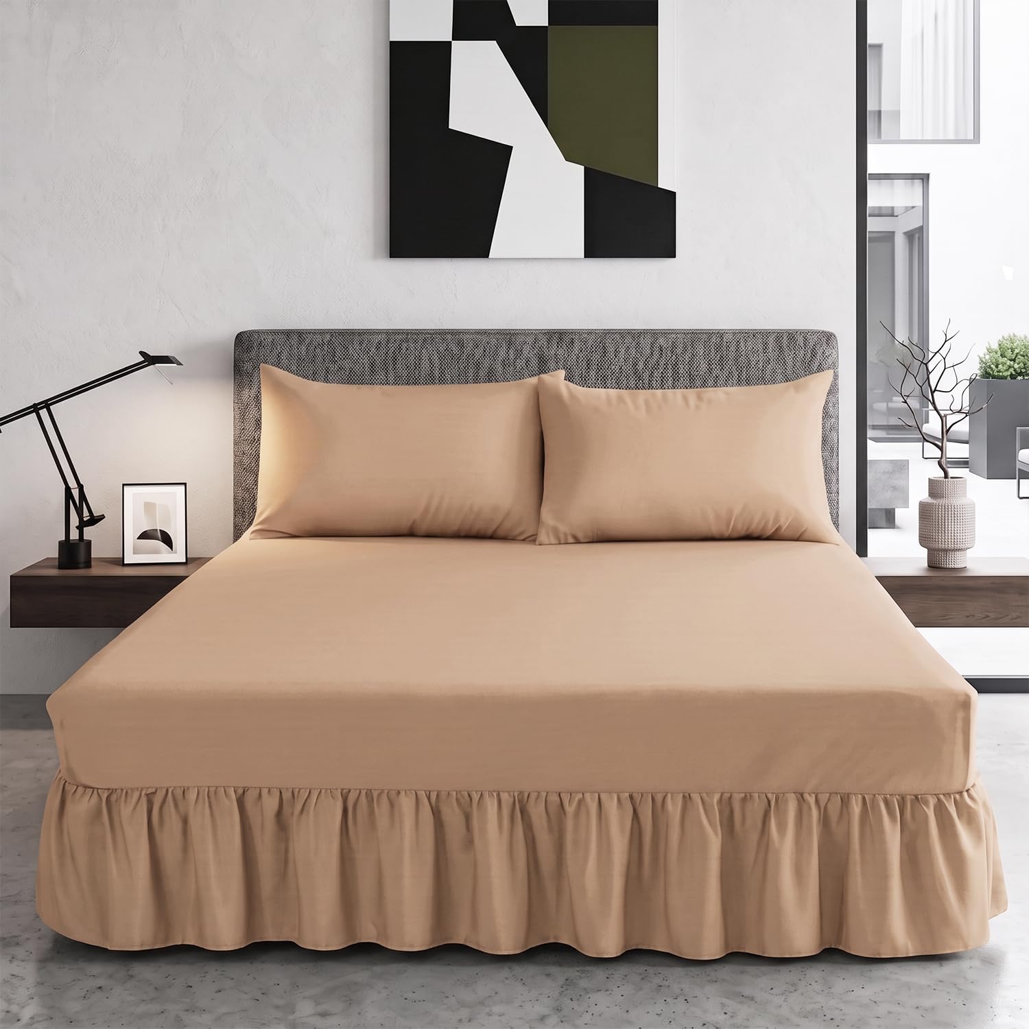 Trendy Relam Extra Deep Frilled Valance Sheet 40cm - Soft Brushed Polycotton, Non Iron Easy Wrap Elastic Sheet (King, Beige)