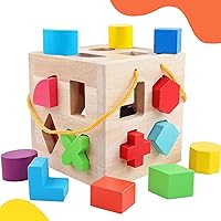 QZMTOY Wooden Shape Sorter Toy with 19 Geometric Shapes - Educational Puzzle for Toddlers 18 Months+ Natural Solid Wood