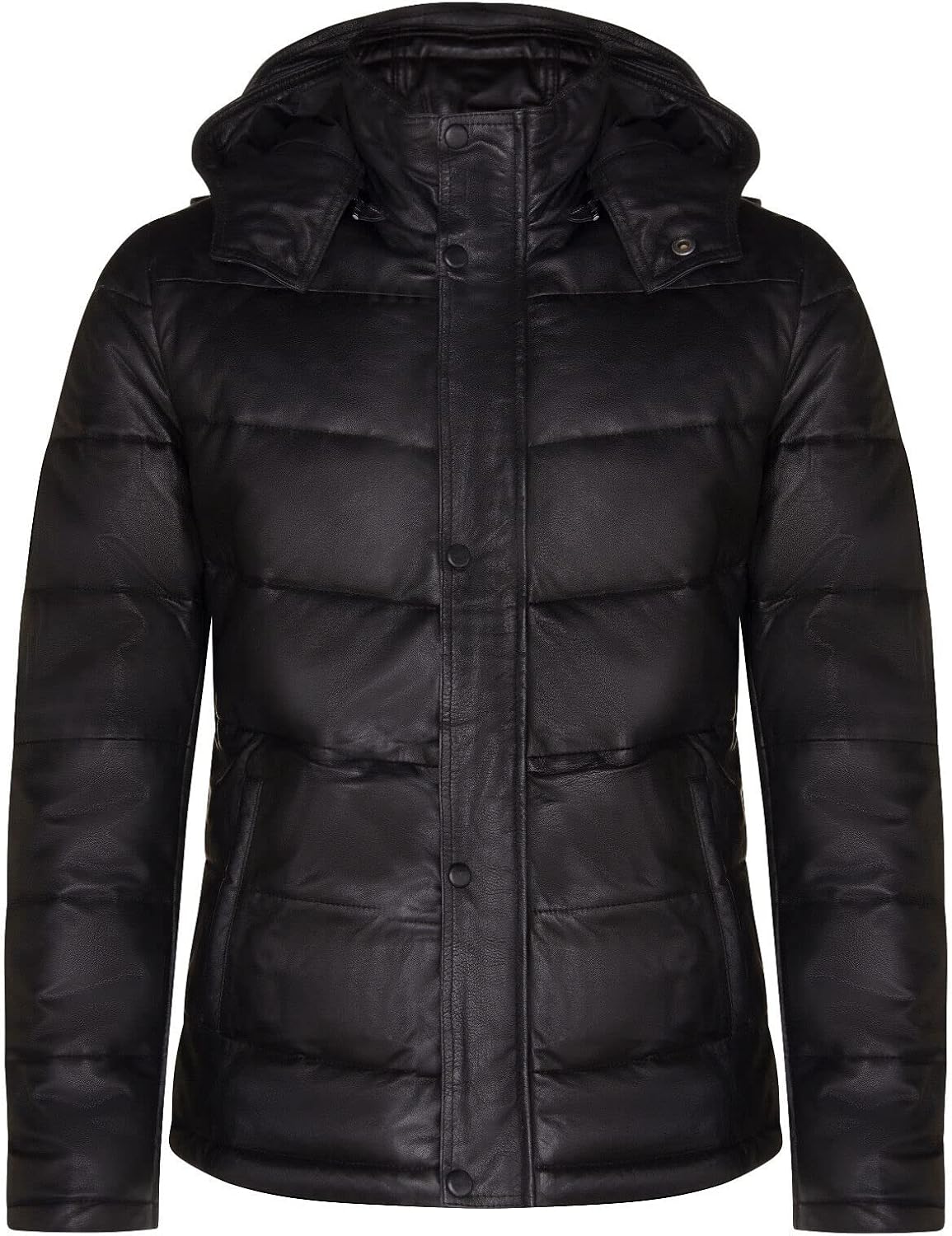 Men's Puffer Black Leather Quilted Warm Bomber Hooded Jacket