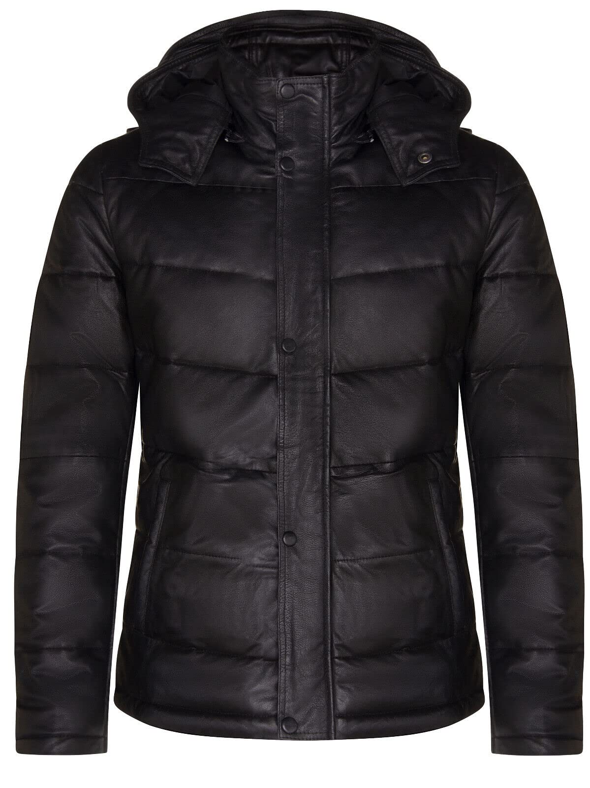 Men's Puffer Black Leather Quilted Warm Bomber Hooded Jacket 3XL