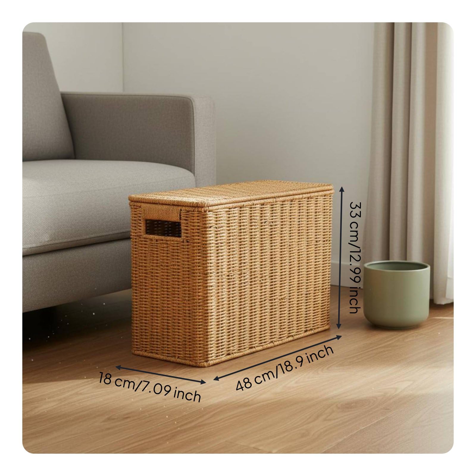 perfk Cesta Organizadora Tejida con Tapa Protectora y Estructura Resistente de Hierro Diseño Decorativo Trenzado de Ratán Asas Prácticas Adecuada para Dormitorio Baño Sala de Estar, L