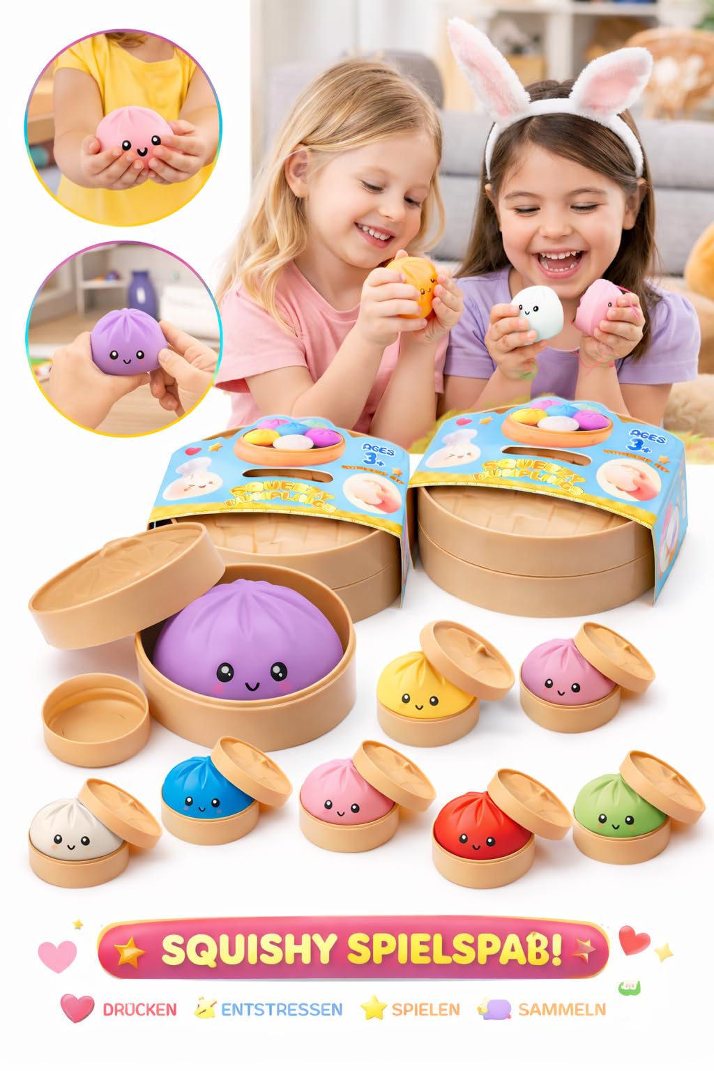 XXL Mystery Dumplings Squishy Squeeze Buns con scatola (9,5 cm) – Viral Trend Anti Stress Giocattolo da schiacciare – Pallone da impastare in colore a sorpresa – Fidget Toy idea regalo