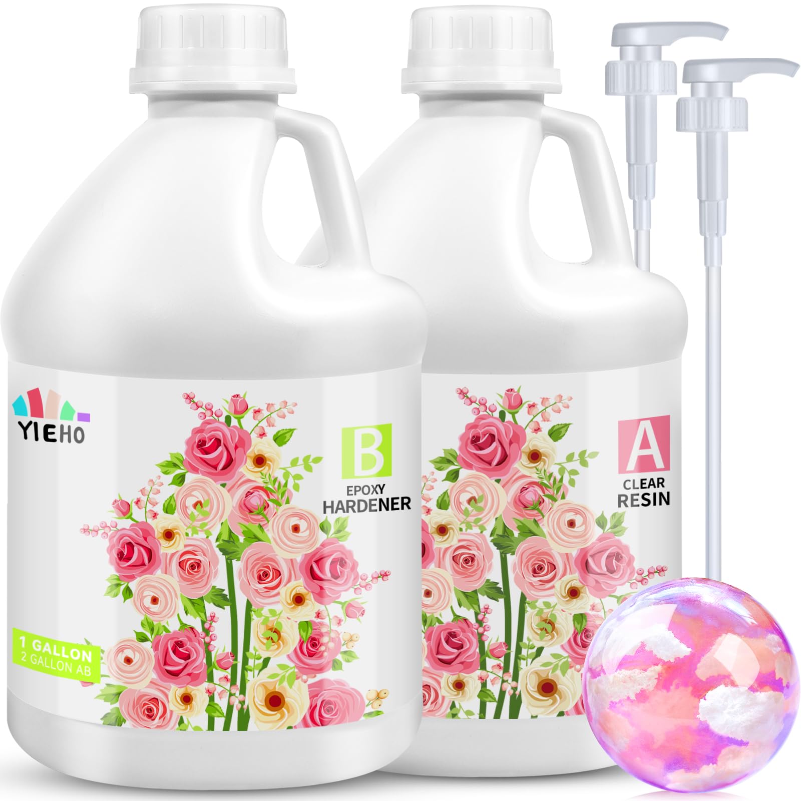 YIEHO 2 Gallon Epoxy Resin with Pumps, Upgraded Crystal Clear Hard Bubble Free Anti Yellowing 2 Part Resin for Coating, Art Crafts, DIY, Jewelry Making 1:1
