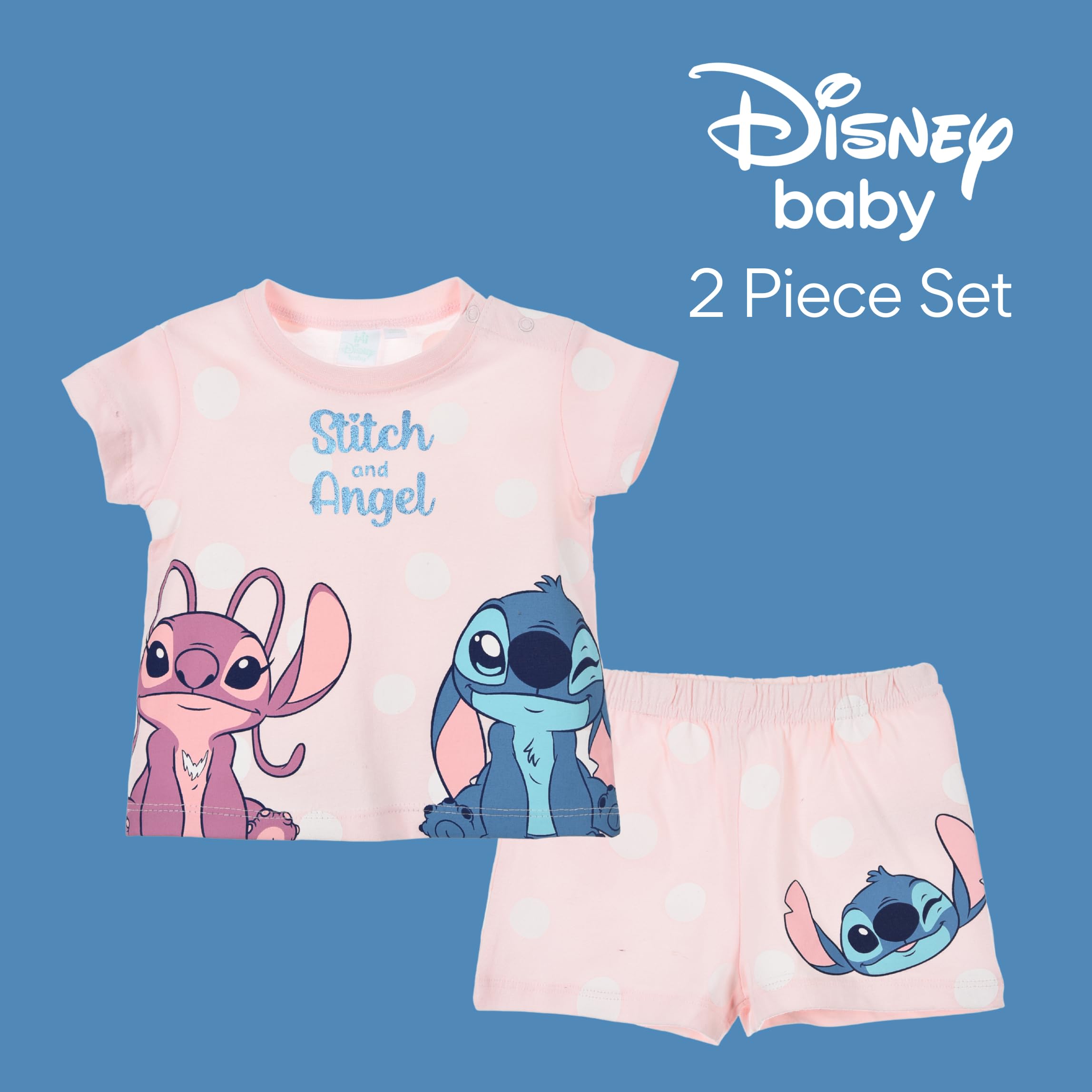 Disney Stitch und Angel T-Shirt und Shorts für Babys Mädchen, 2-Teiliges Pyjama-Set aus Weicher Baumwolle für Babys, Größen 6 bis 24 Monate