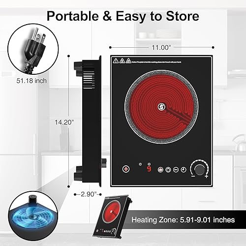 Miniatura 7 de Cocina eléctrica, estufa eléctrica de 1800 W con control táctil LED y perilla, estufa eléctrica de un solo quemador L9 niveles de potencia, bloqueo