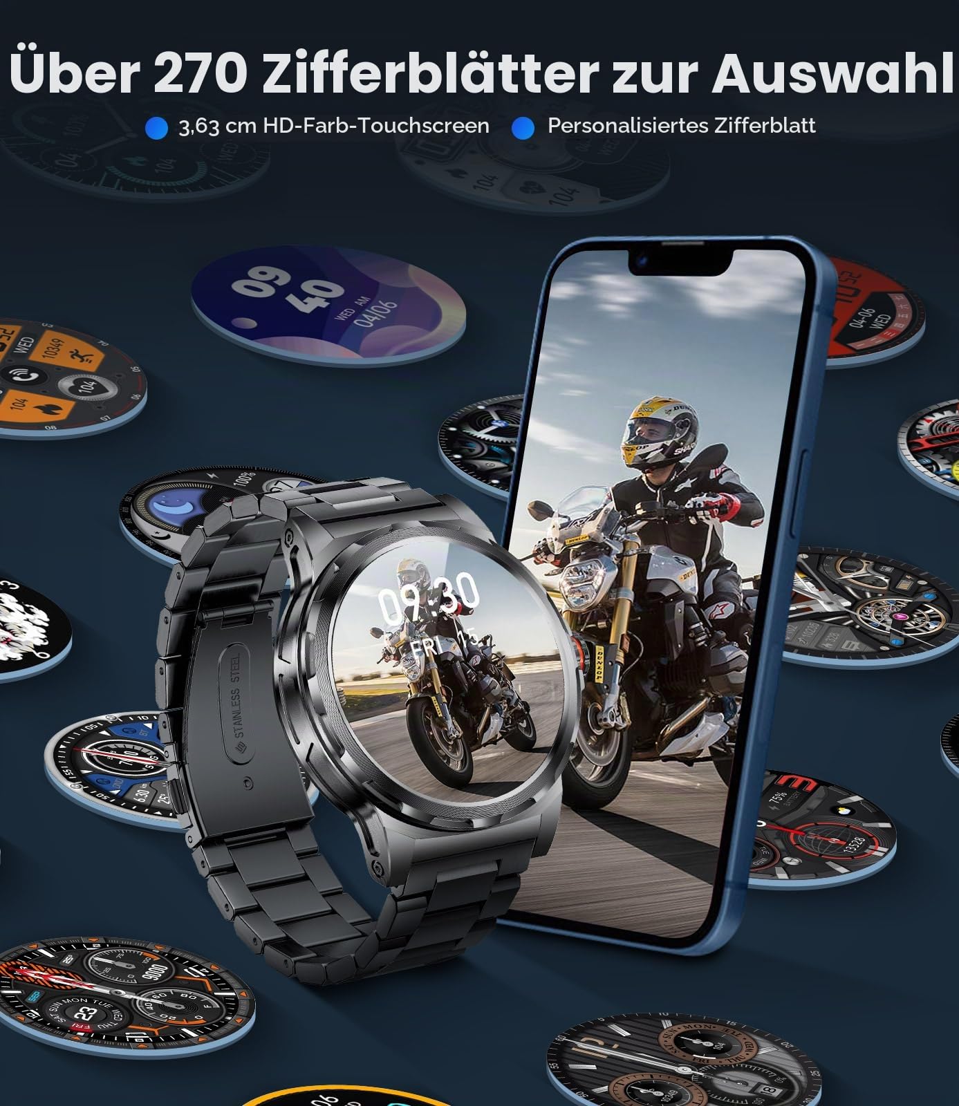 Militär Smartwatch Herren, 1,43-Zoll-AMOLED-Smartwatch mit Bluetooth-Anruf, 3 Armbänders, IP68 Wasserdicht/Herzfrequenz/Schlafmonitor, 120+ Sportmodi Outdoor Sportuhrfür Android iOS, Schwarz