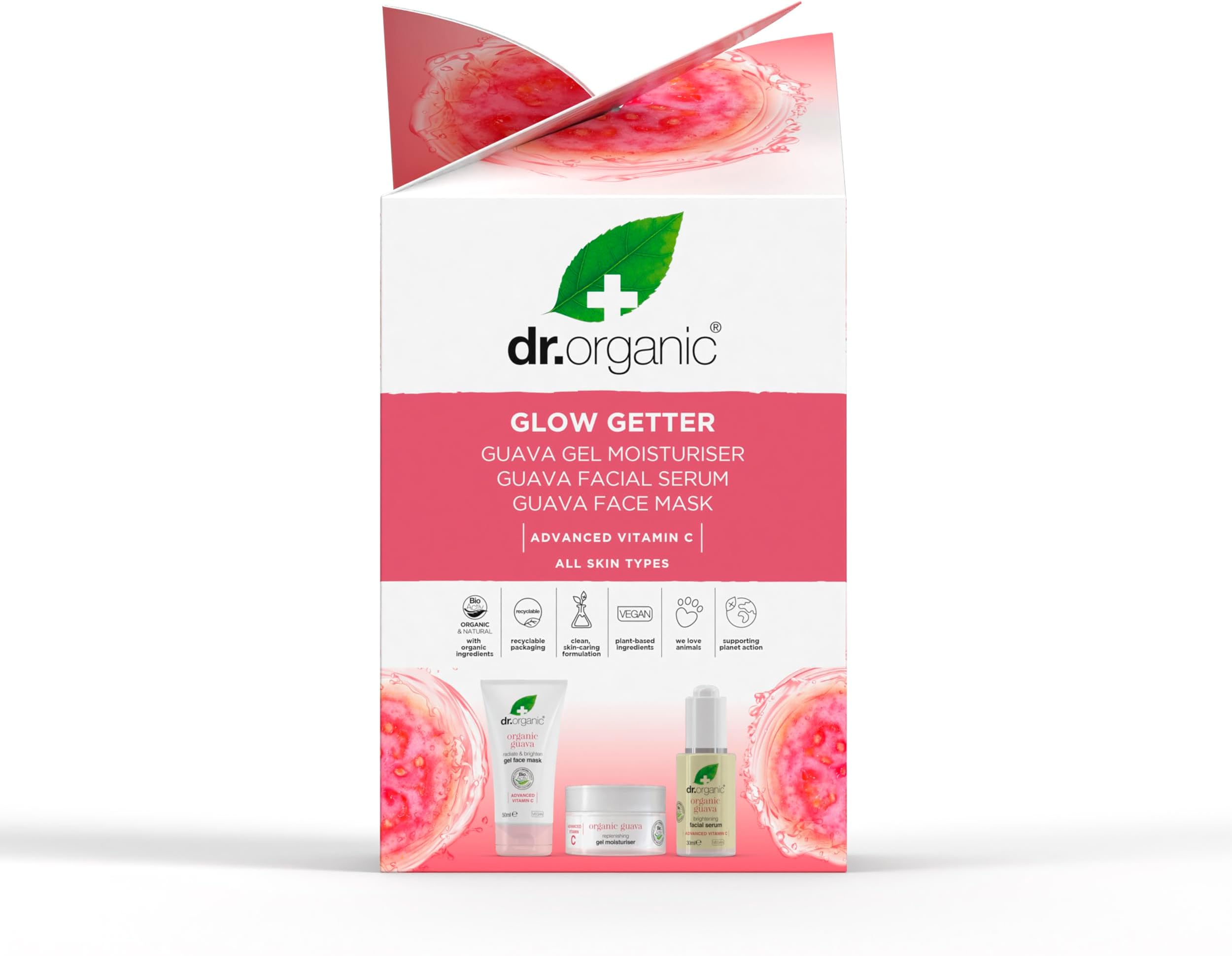 Dr Organic Guava Glow Getter Skincare Set, Advanced Vitamin C, Gel Moisturiser, Facial Serum & Face Mask, Hydrate, Brighten, Gift Set, Cruelty-Free, Paraben & SLS Free, Organic