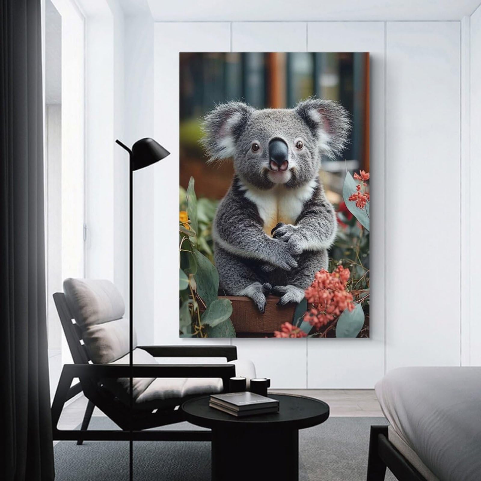Junmoney Cute Koala Portrait Surrounded by Flowers Hanging Wall Art 08x12inch(20x30cm), for Study, Office Or Focused Interiors, Wall Art That Adds Style to Work Areas