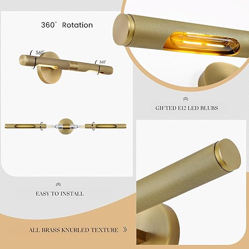 Miniatura 3 de Hard-wired Knurled Picture Light, 19in Brass Picture Light for Wall, Dimmable Gold Art Lights, Rotatable 360° Sconce for Pictures Frame, Painting