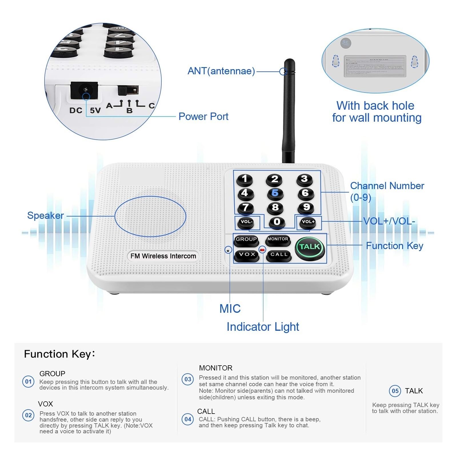 Citofoni wireless per la casa One Piece 5820Feet Range FM Wireless Home Intercom System for House Business Office Room To Room Communication Intercom System(WL666-2BK)