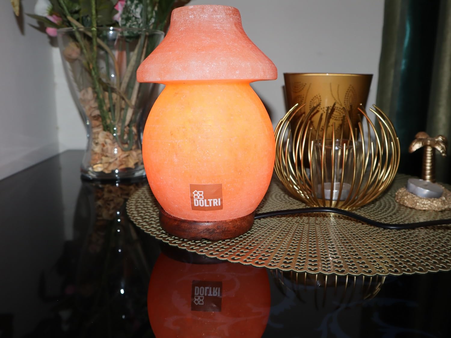 Doltri Himalayan Salt Table Lamp - Natural Hand-Carved Pink Rock Crystal - Large Sizes - Relaxation & Calming Mood Decor - Wood Base