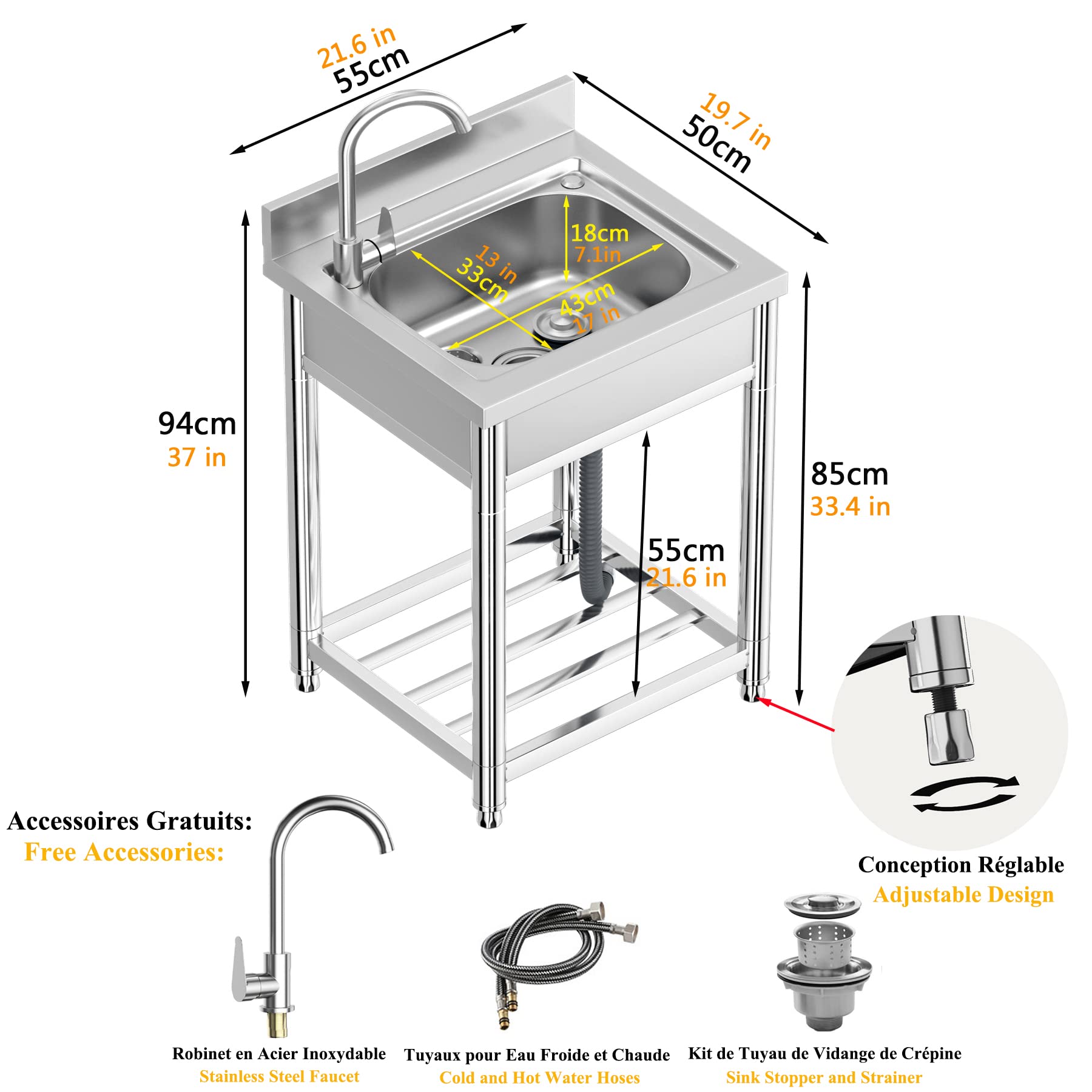 Évier Inox de Cuisine 1 Bac Professionnel, 55 x 50 x 94 cm Évier Inox Autoportant avec Robinet et Accessoires, Évier Extérieur et Intérieur, Plonge Inox pour Cuisine, Restaurant, Garage, Jardin