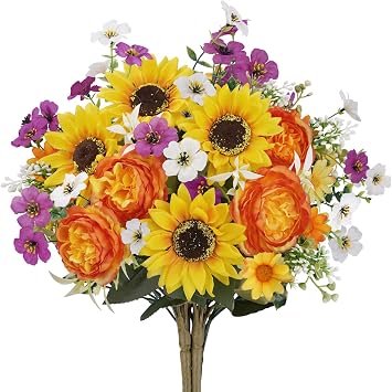 14.17" Cemetery Flowers for Grave Vase Sunflower Artificial Flowers Bouquet Peonies Silk Sunflowers Realistic Flower Arrangements for Cemetery Wedding Table Centerpieces Home Decor