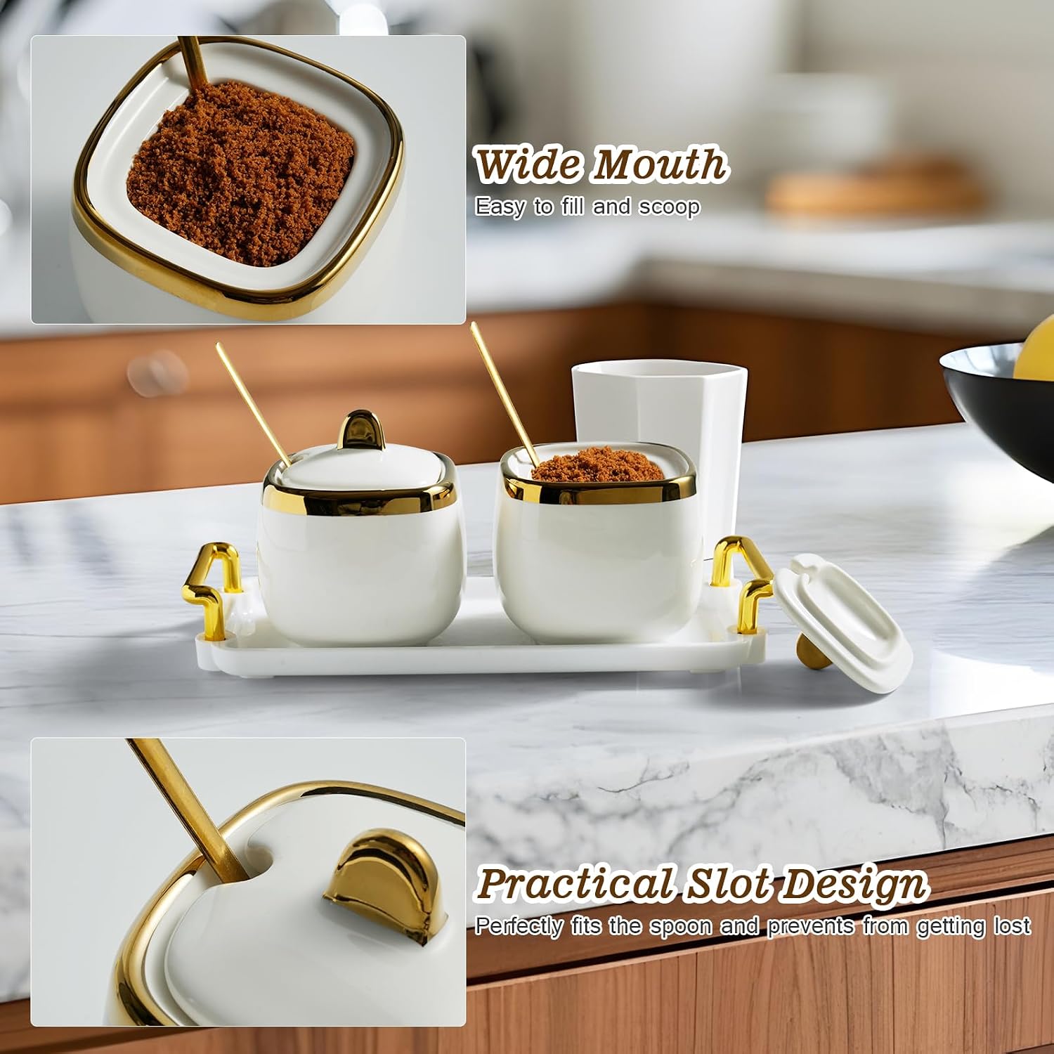 Ceramic Sugar Bowl 2 Pack, Porcelain Seasoning Jar with Tray, Spoon and Lid for Sugar, Pepper, Coffee, Spice, Salt (Gold)