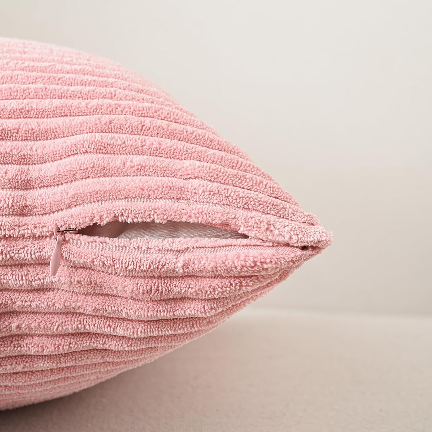 Volcanics Set of 4 Pink Corduroy Decorative Couch Throw Pillow Covers 20x20 Inch, Valentine's Day Farmhouse Striped Cushion Cases, Soft Boho Square Accent Pillow Covers for Home Sofa
