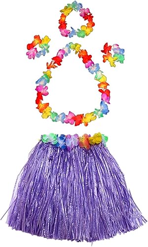 Conjunto de falda elástica hawaiana de hierba hula para niña con disfraz de flor decoraciones de fiesta tropical de cumpleaños púrpura