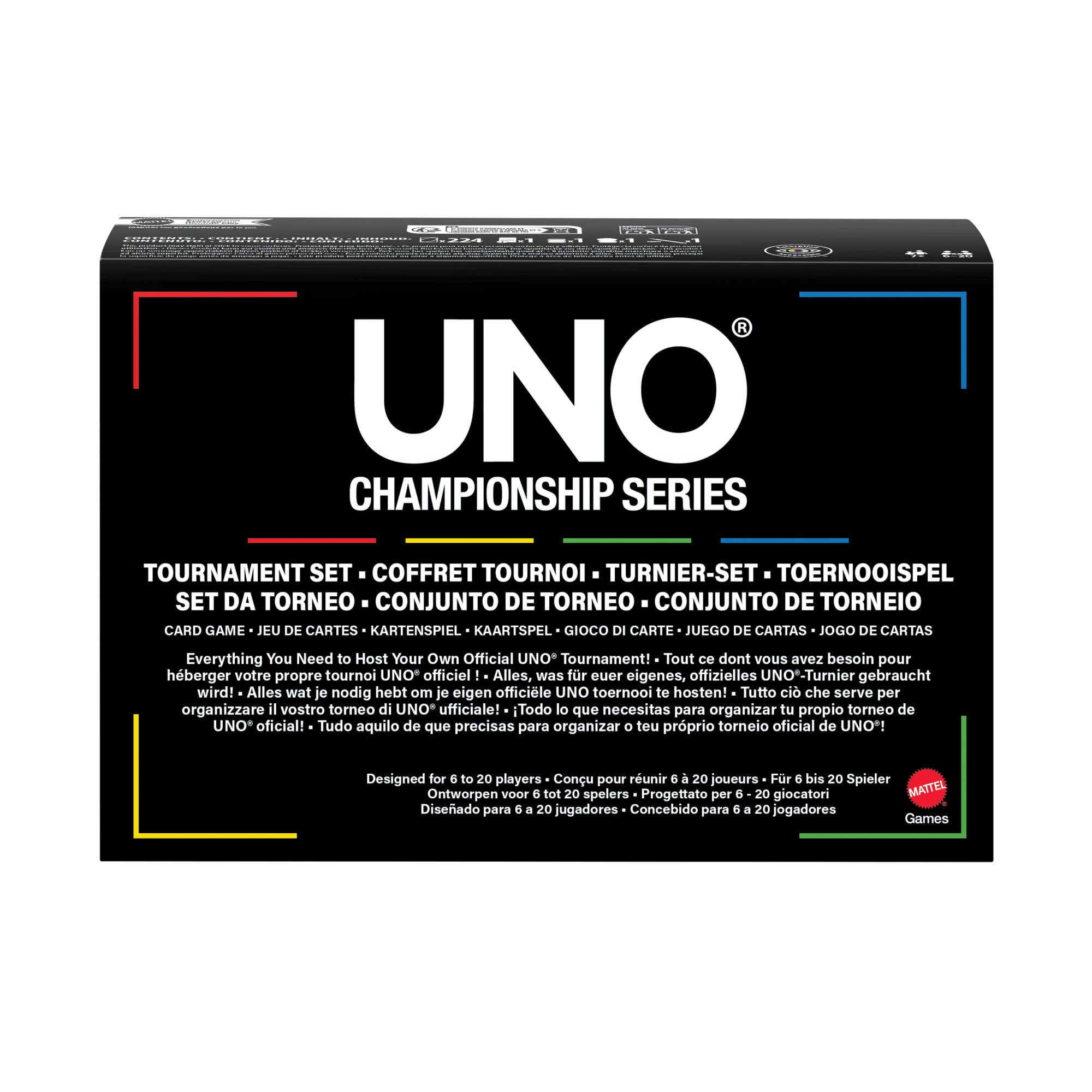 Mattel Games UNO Championship-Reihe Turnier-Set Kartenspiel | Enthält Spiel, Spielstandtafeln, Marker & Trophäe für große Gruppen, Parys, Spielabend, für 6–20 Spieler, ab 7 Jahren, JMY23