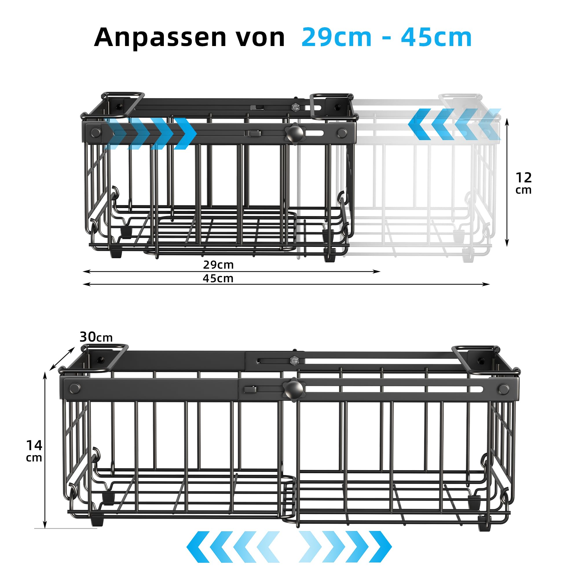 4er Stapelbar Gefriertruhe korb,gefriertruhe organizer verstellbar,gefrierschrank organizer,stapelkörbe,Schwarz, Ausziehbare Länge 29-46CM