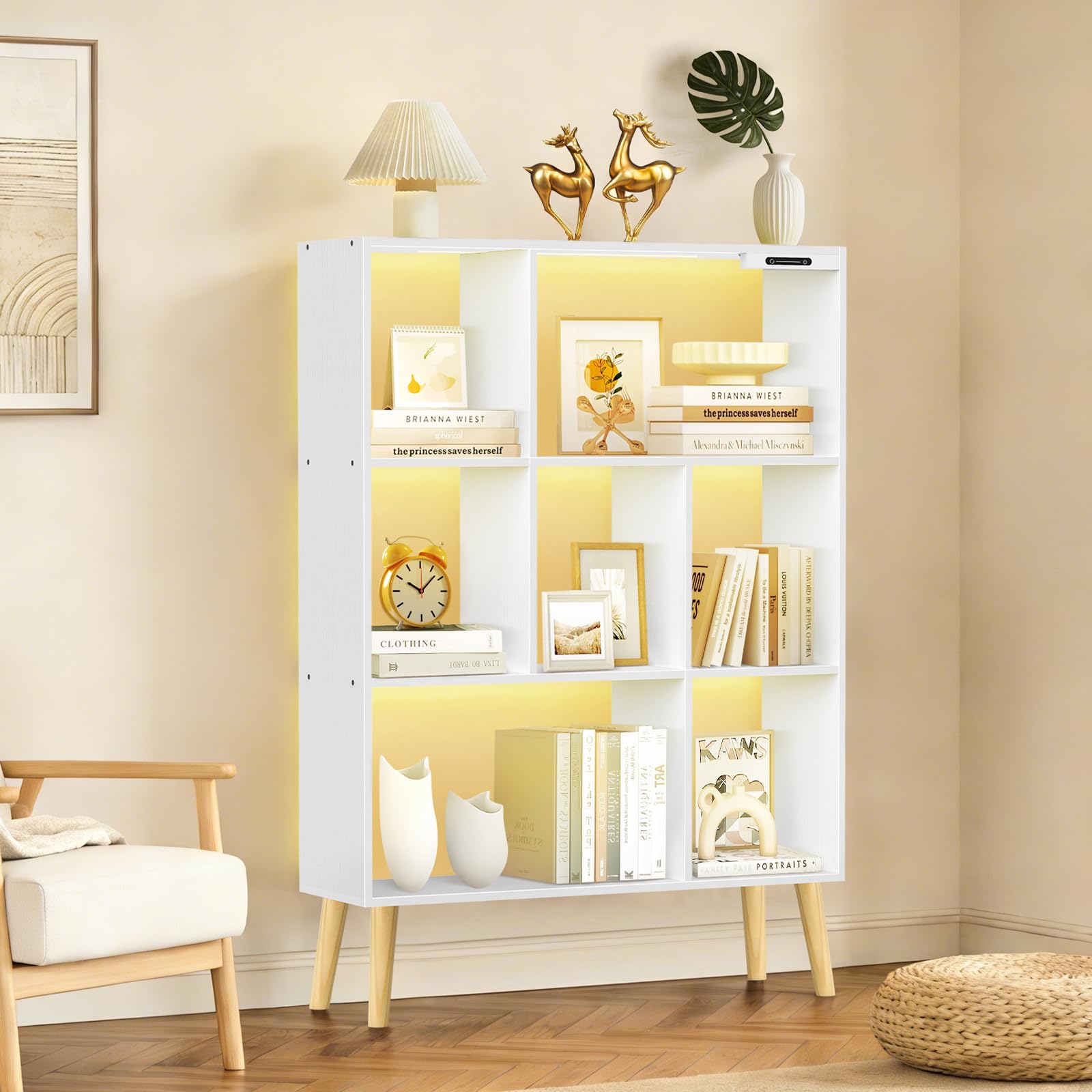 OUTONLIFE 7-Cube Bookshelf with LED Lights, Touch & Remote Control, Freestanding Open Bookcase Storage Shelf, Dimmable Modern Wooden Display Organizer with Legs for Living Room, Bedroom, Office(White)