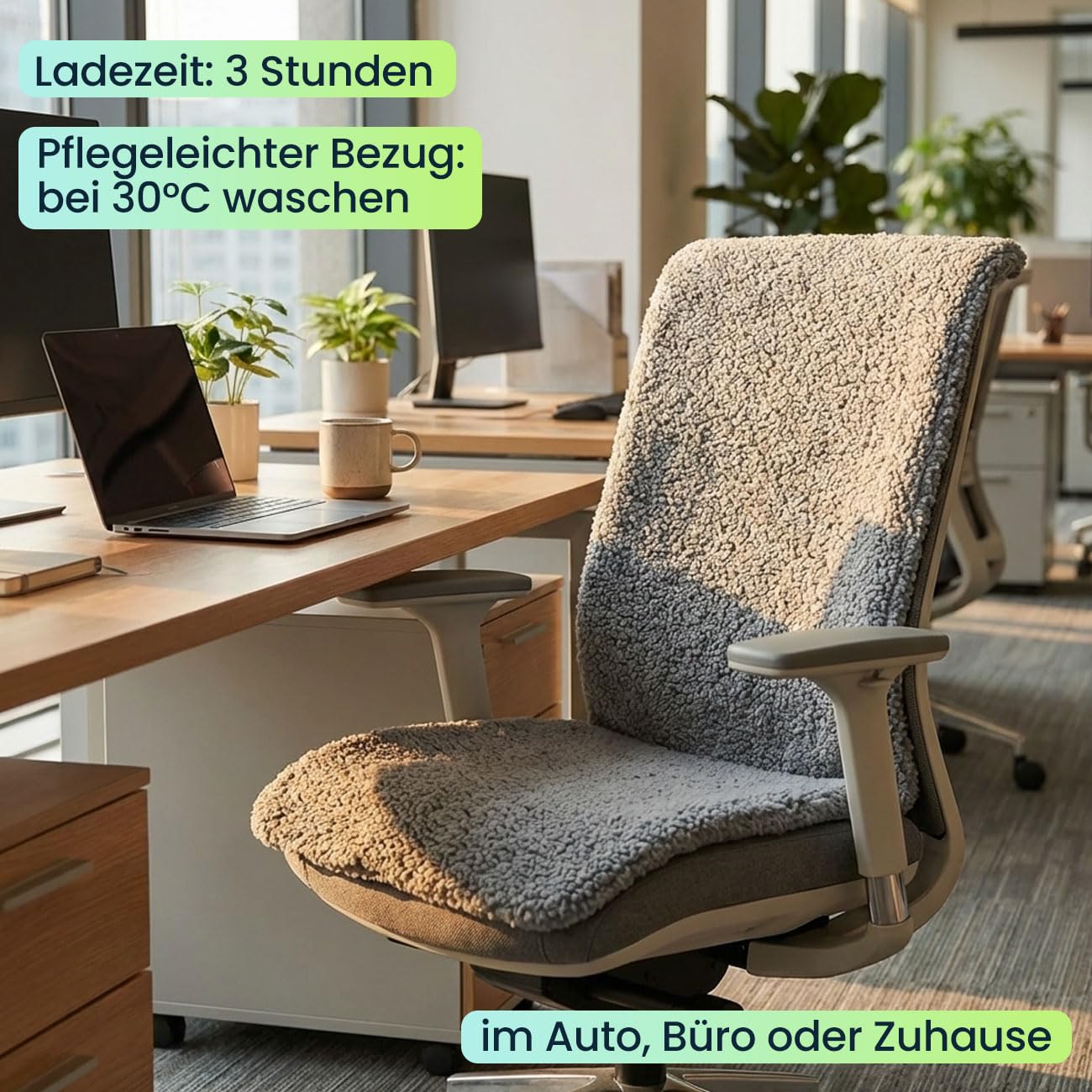 ideoon Beheizbares Sitzkissen mit Rückenteil, Akku: Mobile Sitzkissen für Zuhause, Auto & Büro, 3 Stufen Wärme, ergonomische Sitzauflage, 45 x 135 cm