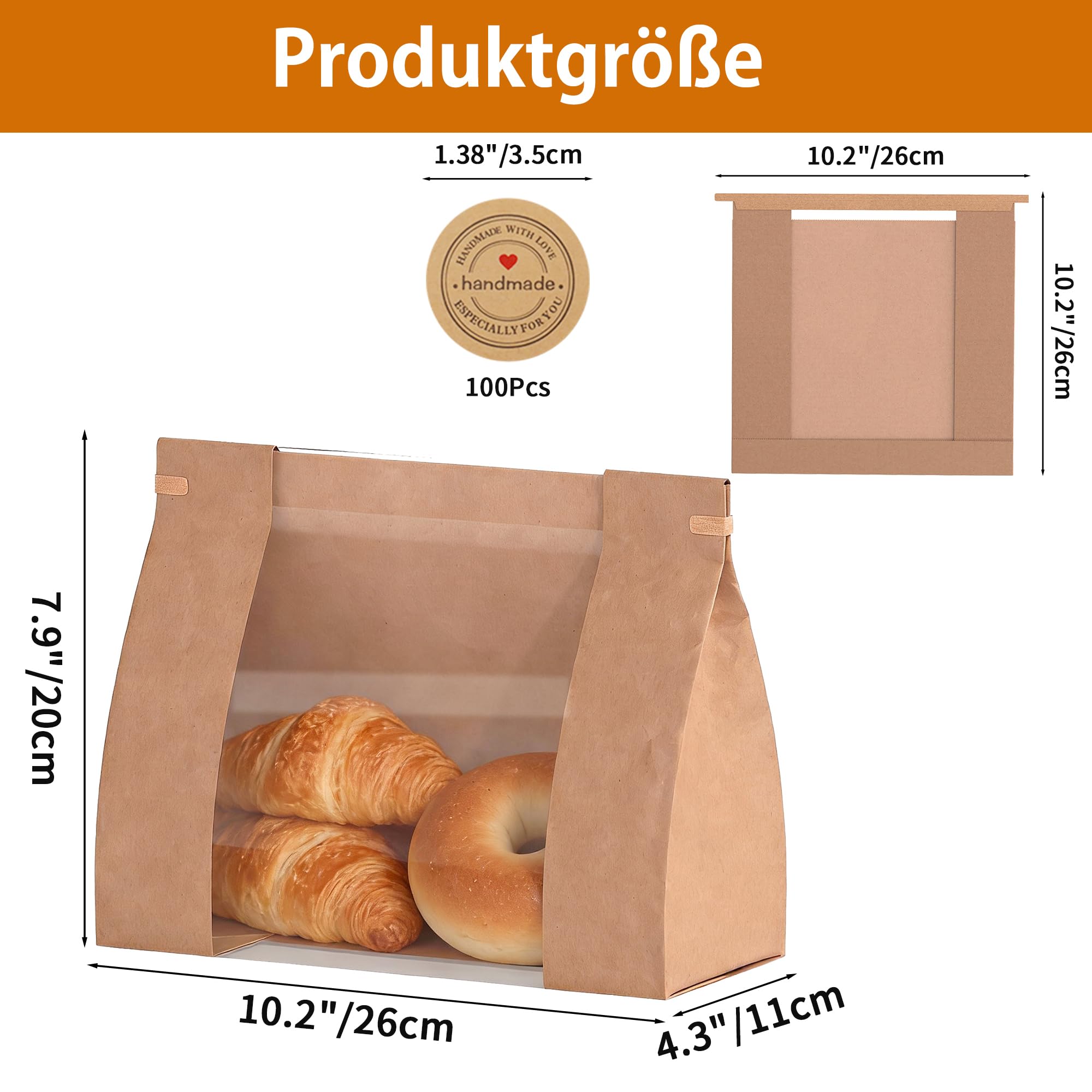 100 Stück Brottüten Papier 26x11x26cm mit Fenster | 80gsm PE-Beschichtung, Frisch Halten, Faltbar, Groß Kraftpapiertüten mit Fenster und Aufklebern, für Toast, Kekse, Cookies