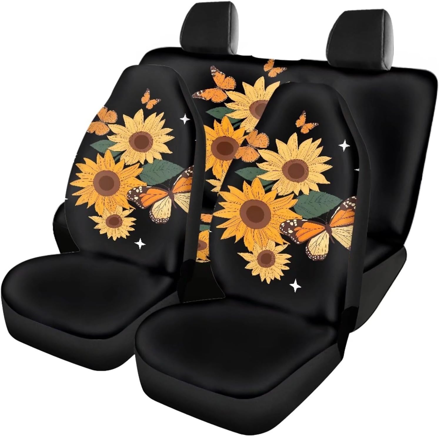 Butterfly Sunflower Print Stylish Front and Rear Car Seat Covers Universal Fit Enhance Interior Appearance Easy Clean